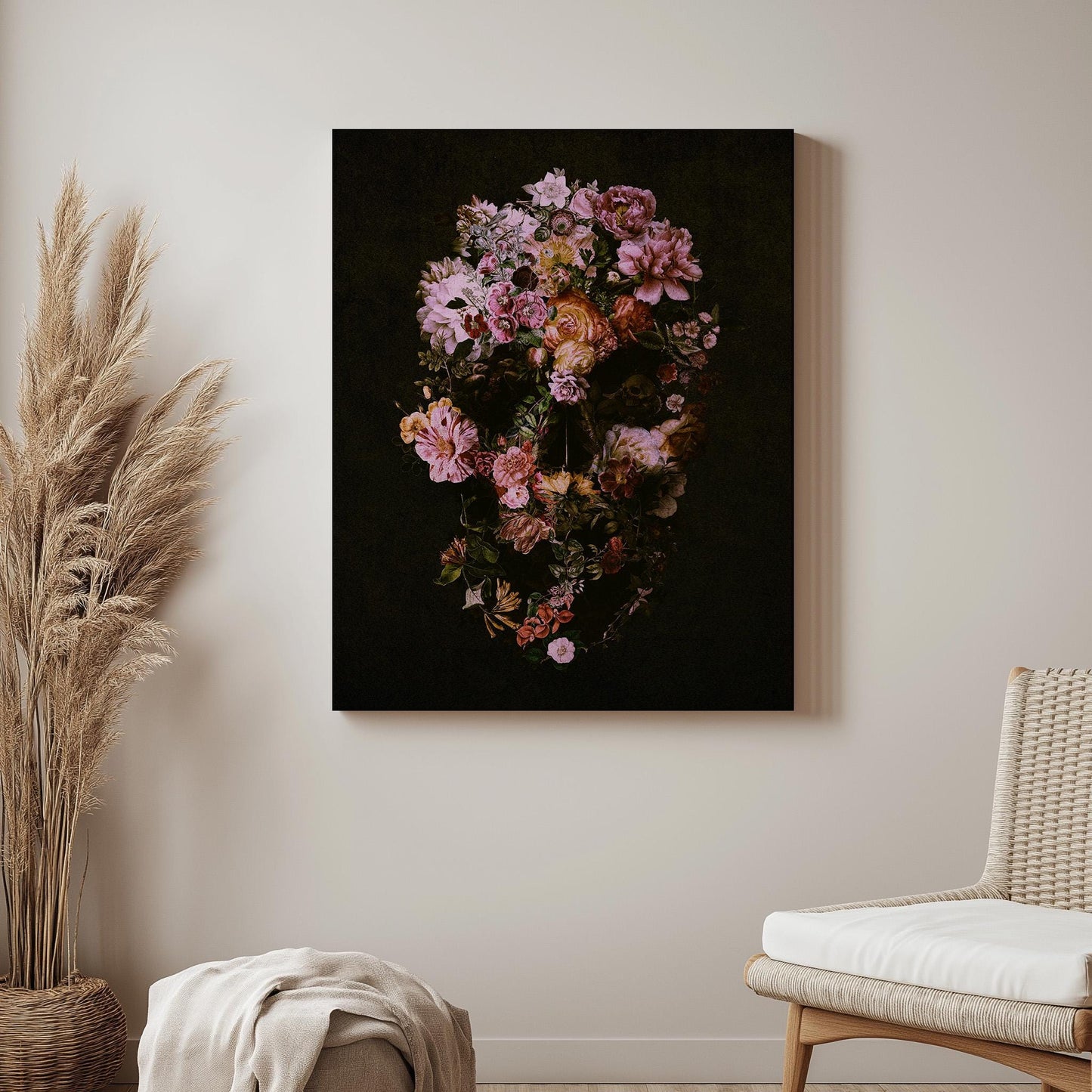 Dark Floral Skull Art, Boho Skull Home Decor | Canvas, Paper & Framed Options