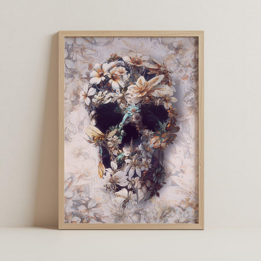 Floral Skull Art, Boho Art Decor Gift | Printed on Canvas & Paper