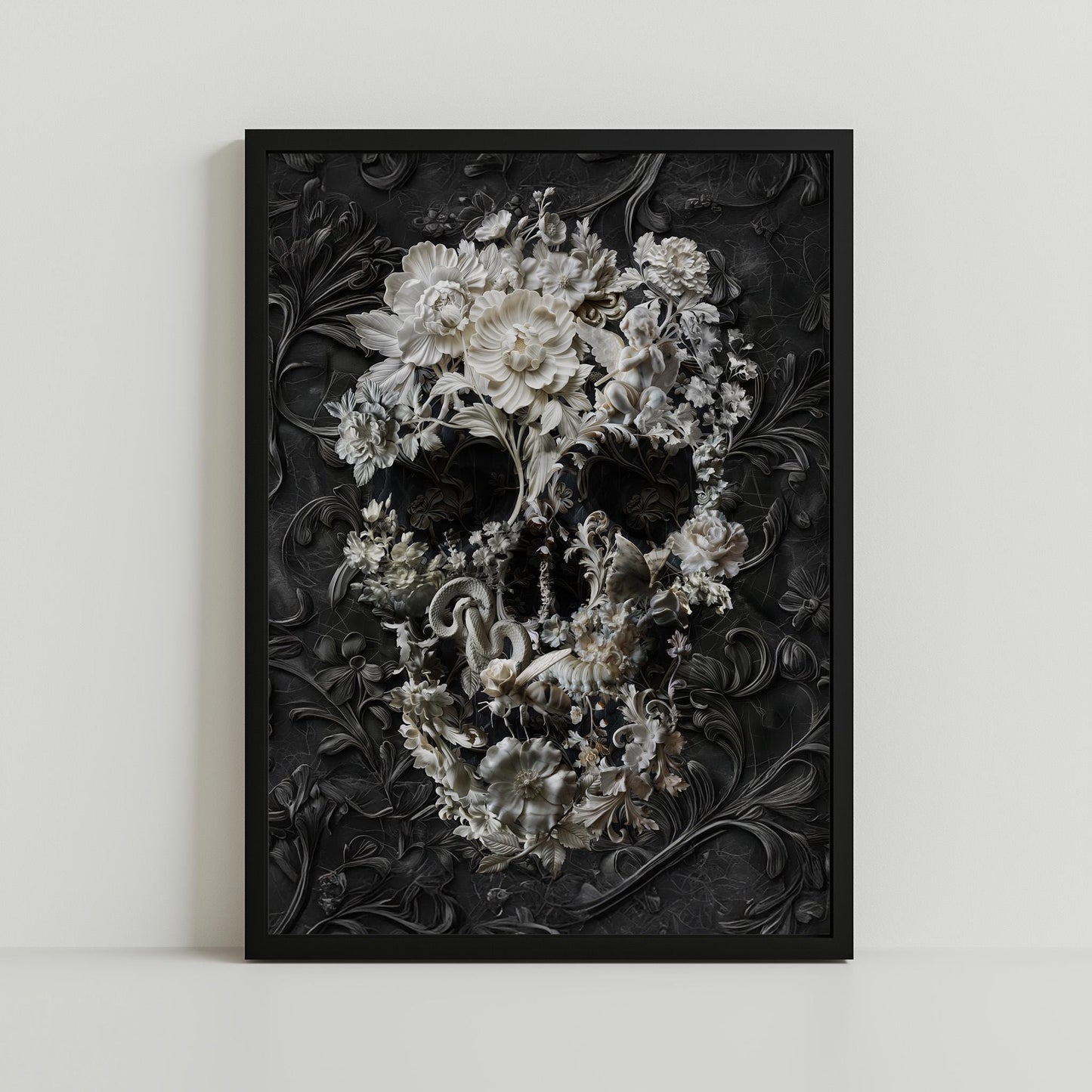 dark floral skull art print byali gulec