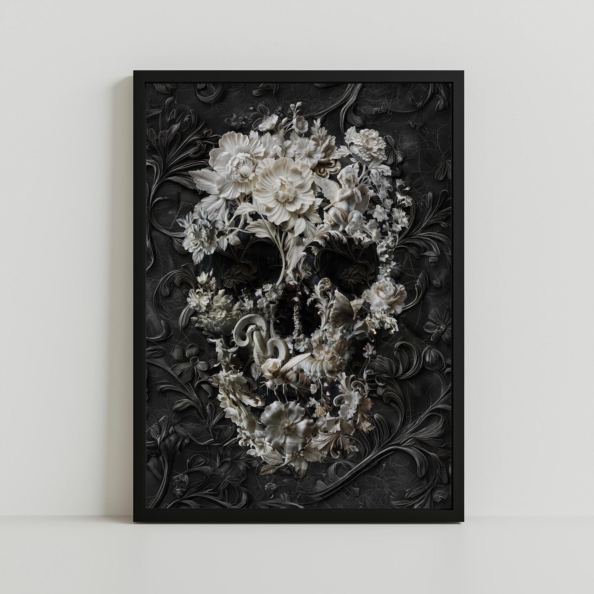 dark floral skull art print byali gulec