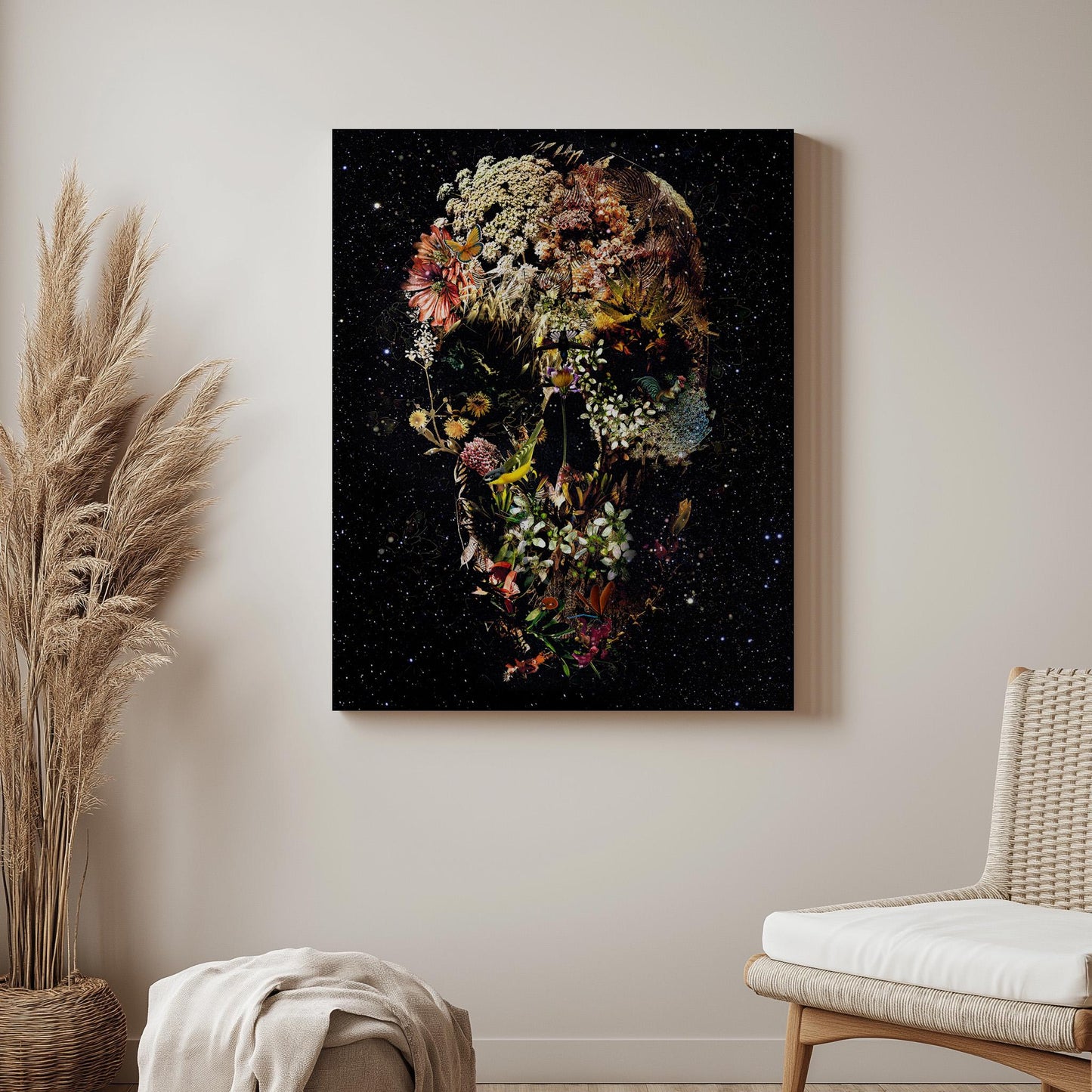 Dark Flower Skull Art, Boho Skull Decor Gift | Canvas, Paper & Framed Options