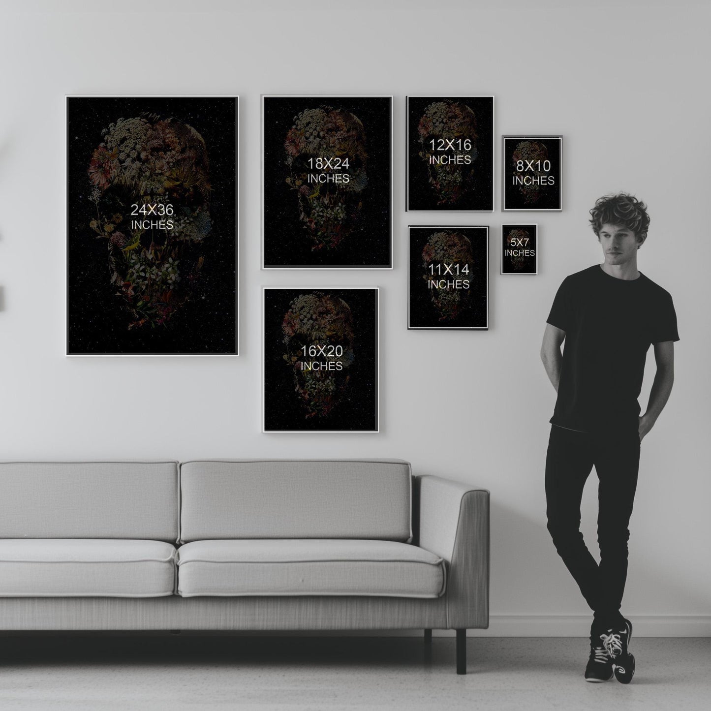 Dark Flower Skull Art, Boho Skull Decor Gift | Canvas, Paper & Framed Options
