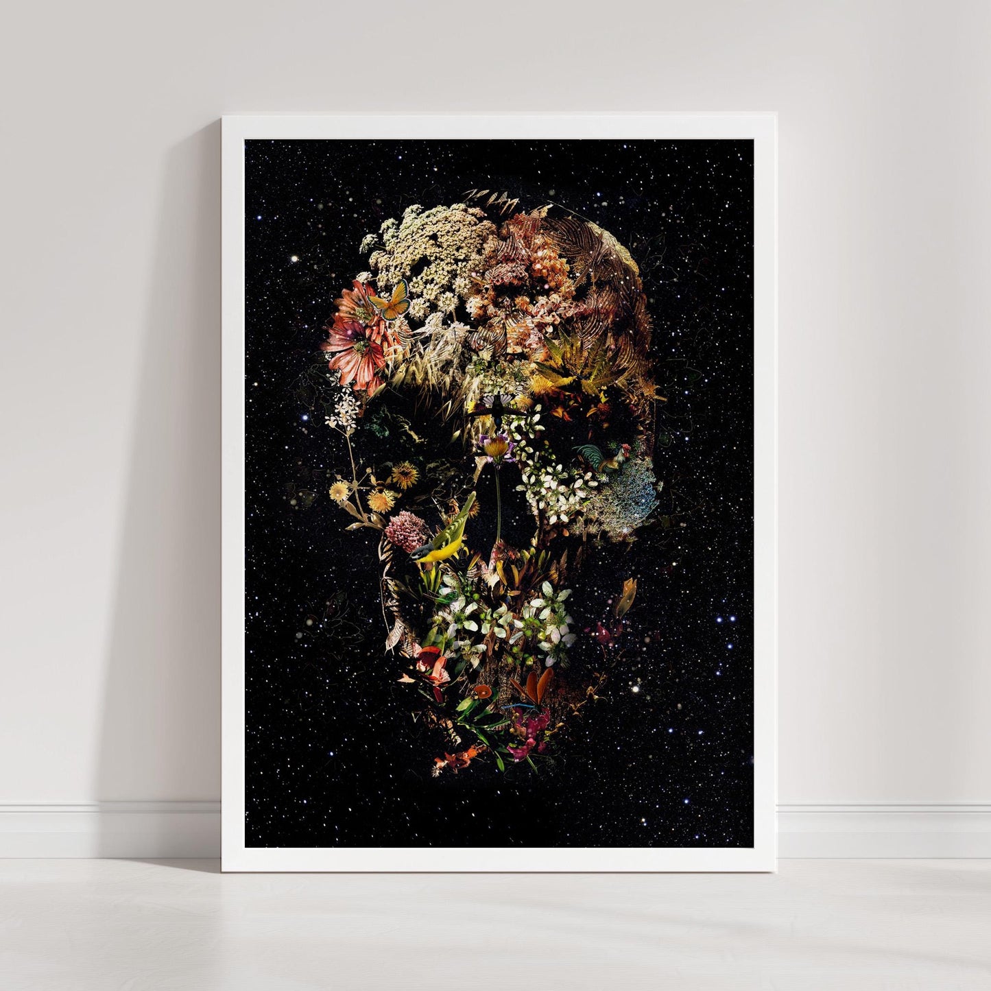 Dark Flower Skull Art, Boho Skull Decor Gift | Canvas, Paper & Framed Options