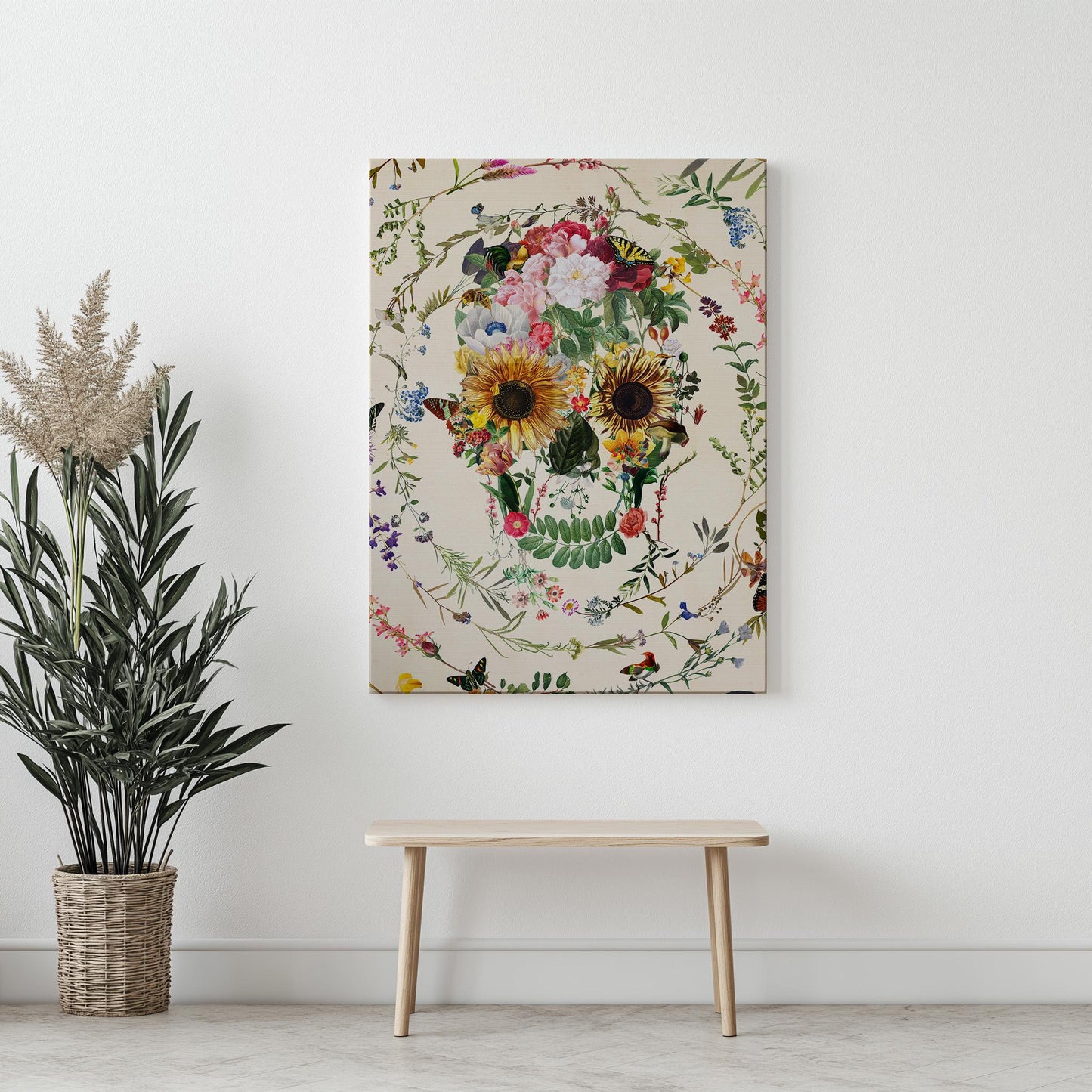 Floral Skull Art Poster, Sugar Skull Home Decor, Boho Skull Art Gift | Printed on Canvas & Paper