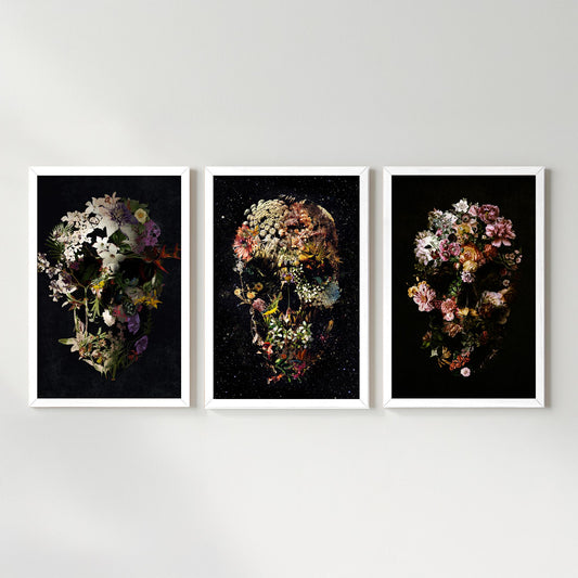 Skull Poster Set Of 3, Dark Floral Set | Canvas, Paper & Framed Gift Set Options