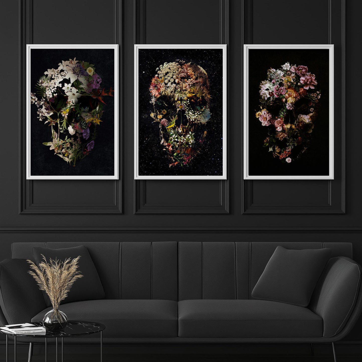 Skull Poster Set Of 3, Dark Floral Set | Canvas, Paper & Framed Gift Set Options