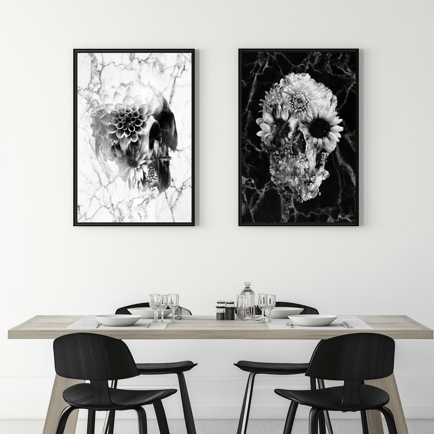 Floral Skull Art Prints Set - Black & White Canvas, Framed, and Poster Options