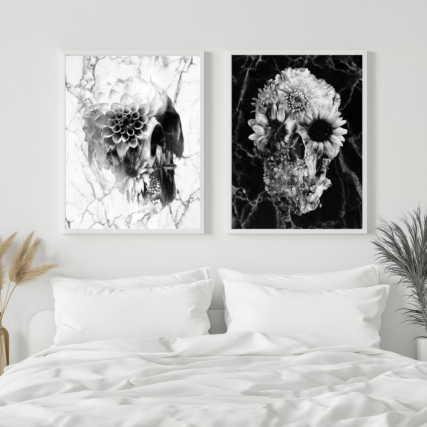 Floral Skull Art Prints Set - Black & White Canvas, Framed, and Poster Options