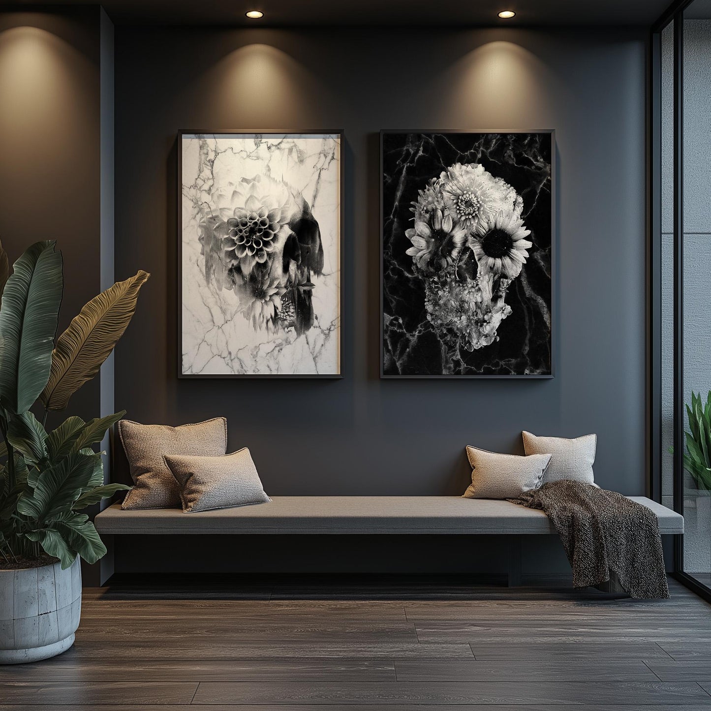 Floral Skull Art Prints Set - Black & White Canvas, Framed, and Poster Options