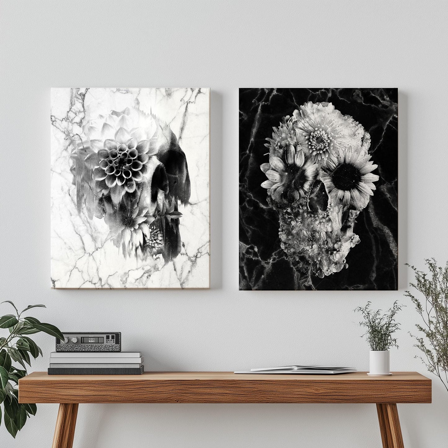 Floral Skull Art Prints Set - Black & White Canvas, Framed, and Poster Options