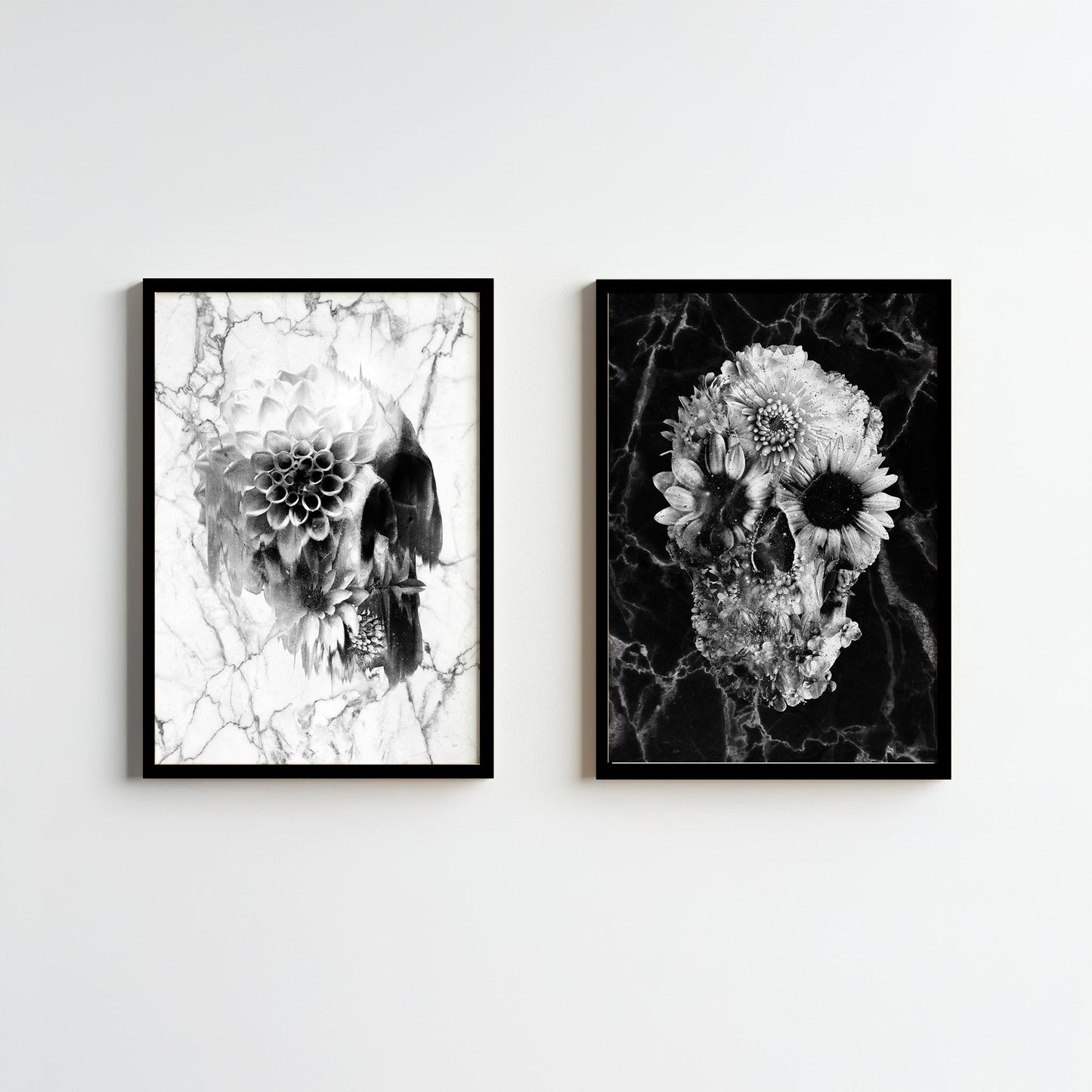 Floral Skull Art Prints Set - Black & White Canvas, Framed, and Poster Options