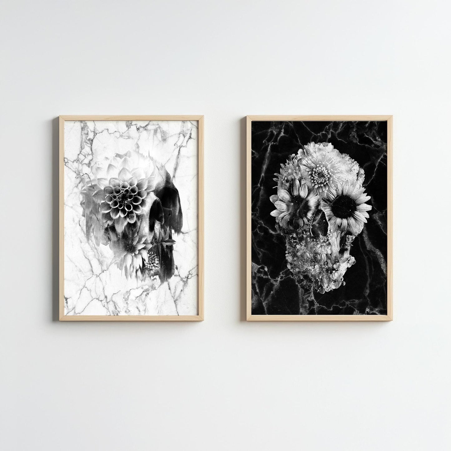 Floral Skull Art Prints Set - Black & White Canvas, Framed, and Poster Options
