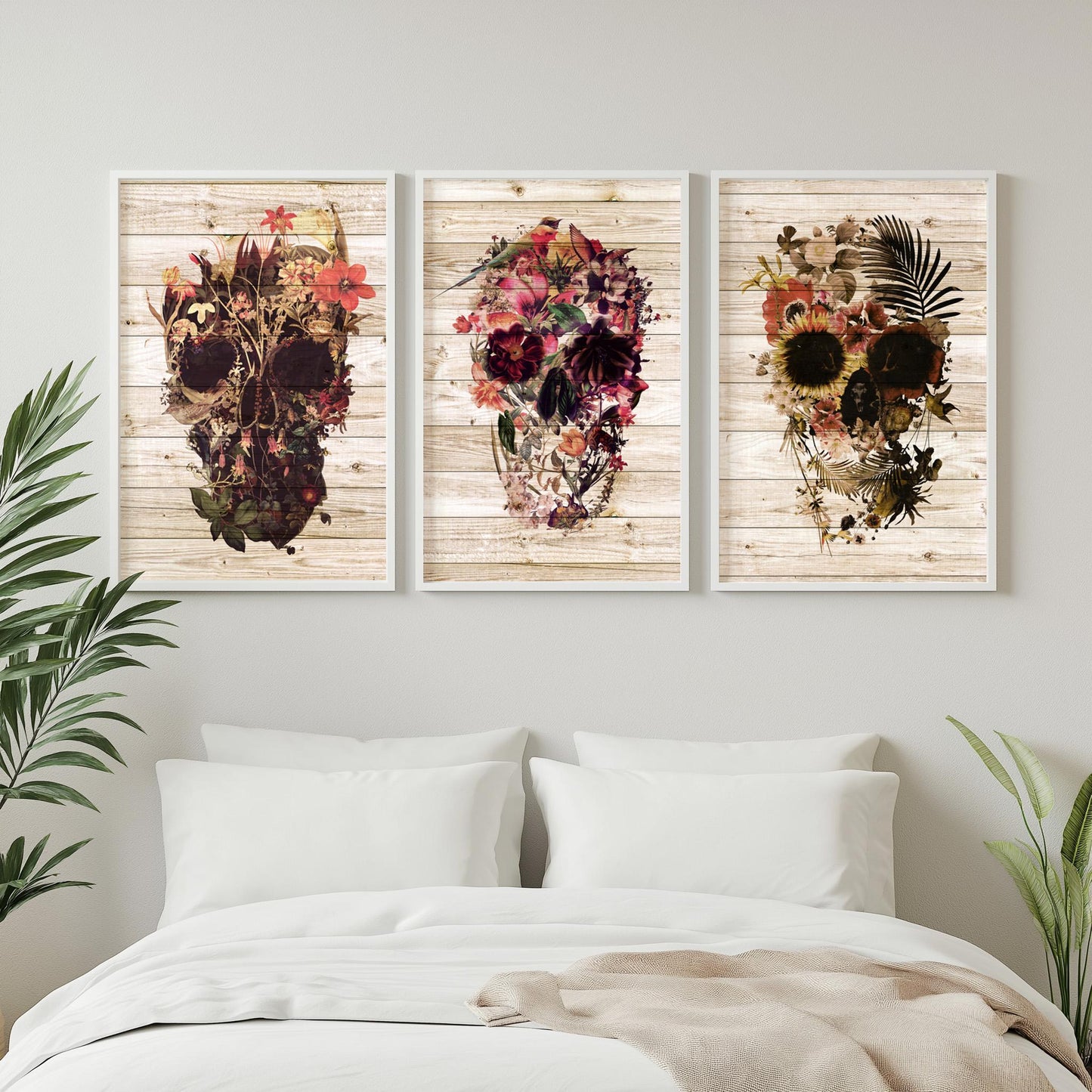 Boho Art Print Set, Floral Skull Art | Canvas, Paper & Framed Gift Set Options