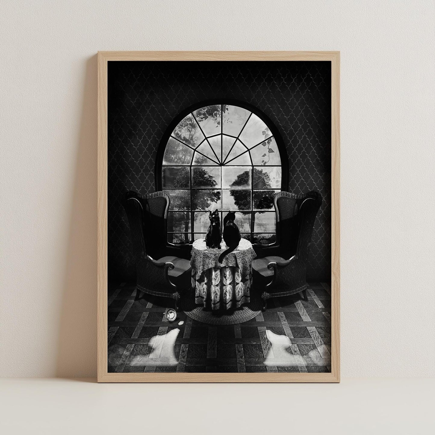 Gothic Room Skull Art with Cats | Canvas & Framed Options