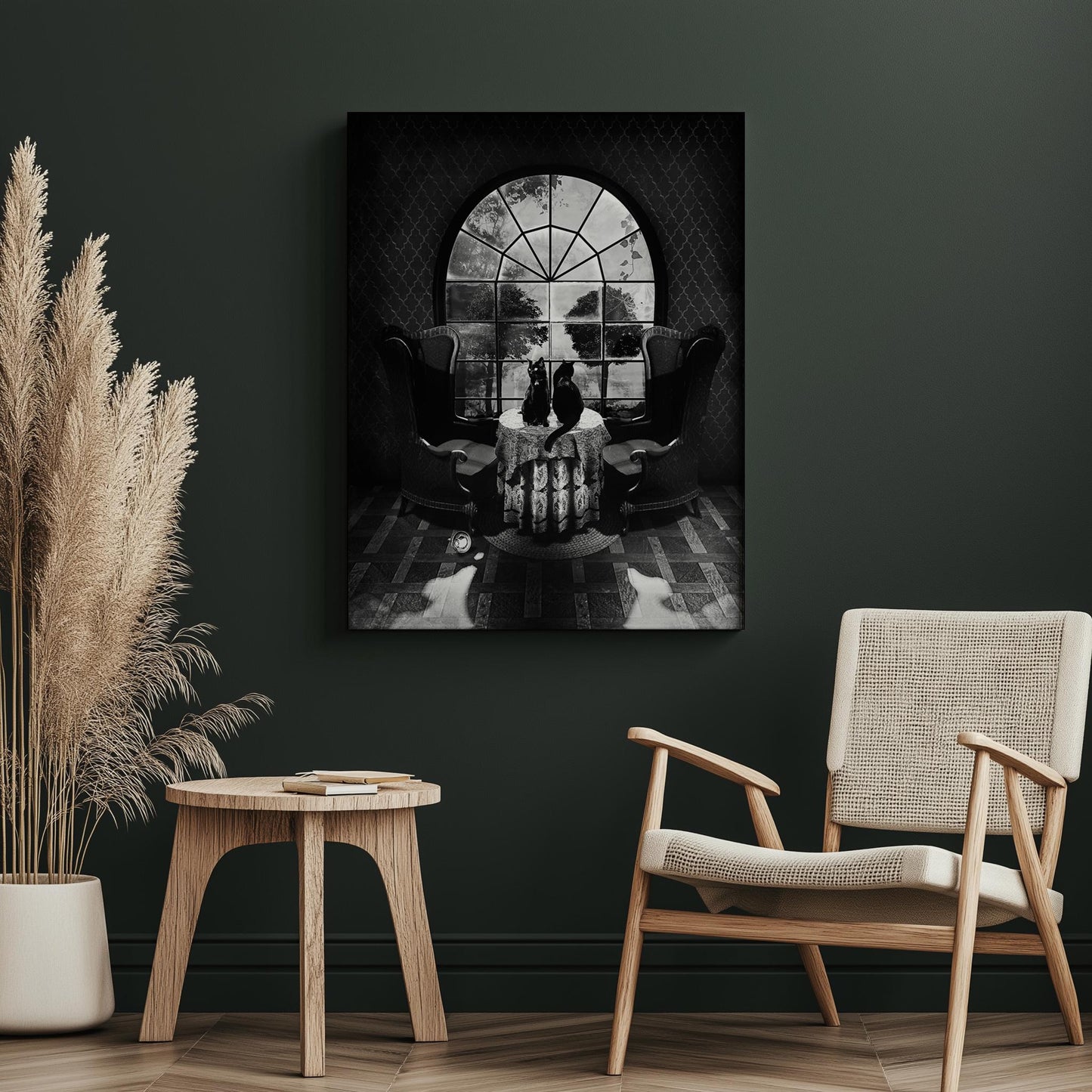 Gothic Room Skull Art with Cats | Canvas & Framed Options