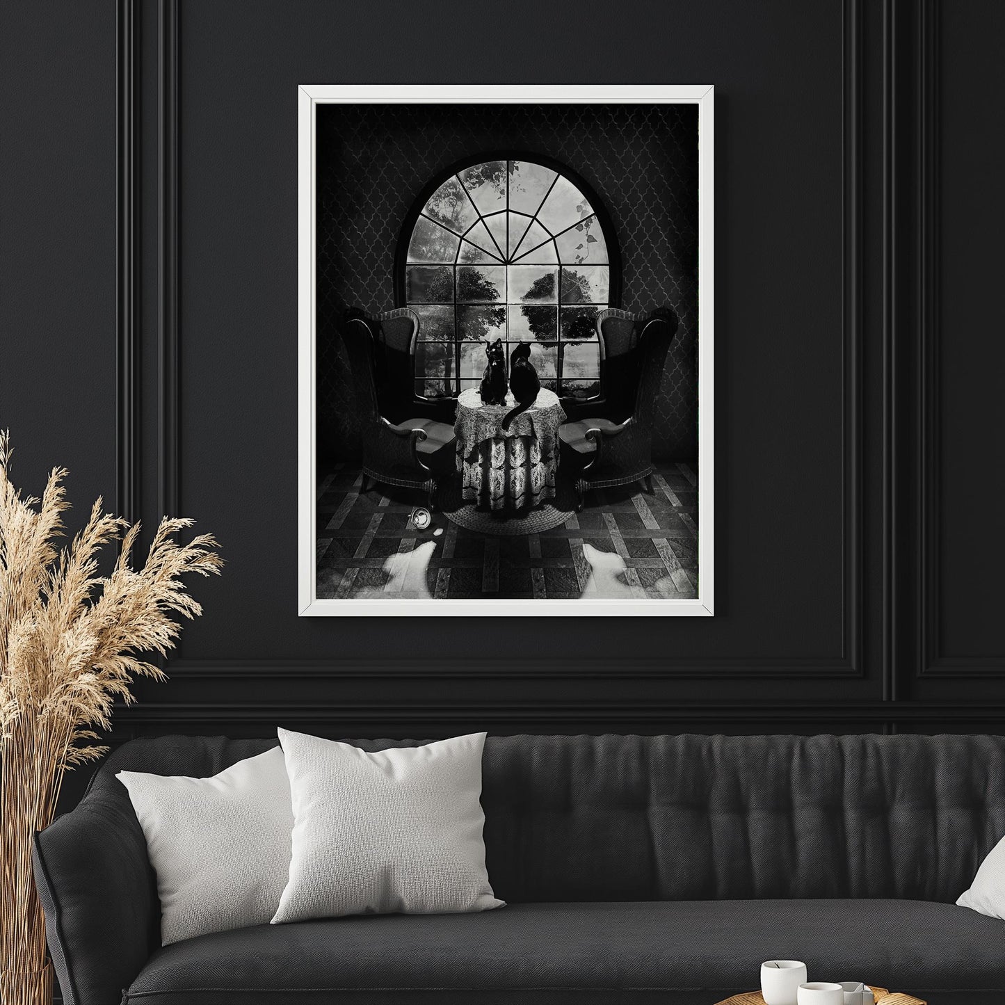 Gothic Room Skull Art with Cats | Canvas & Framed Options