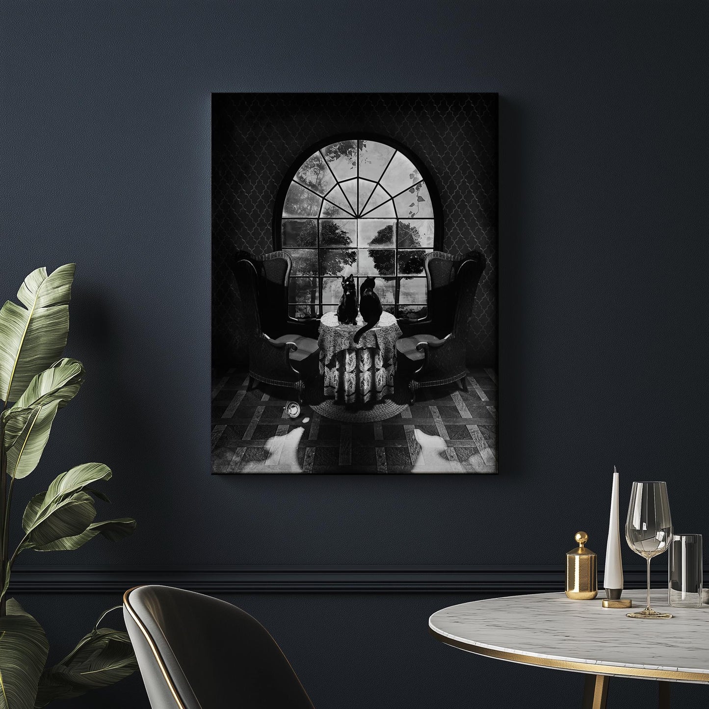 Gothic Room Skull Art with Cats | Canvas & Framed Options