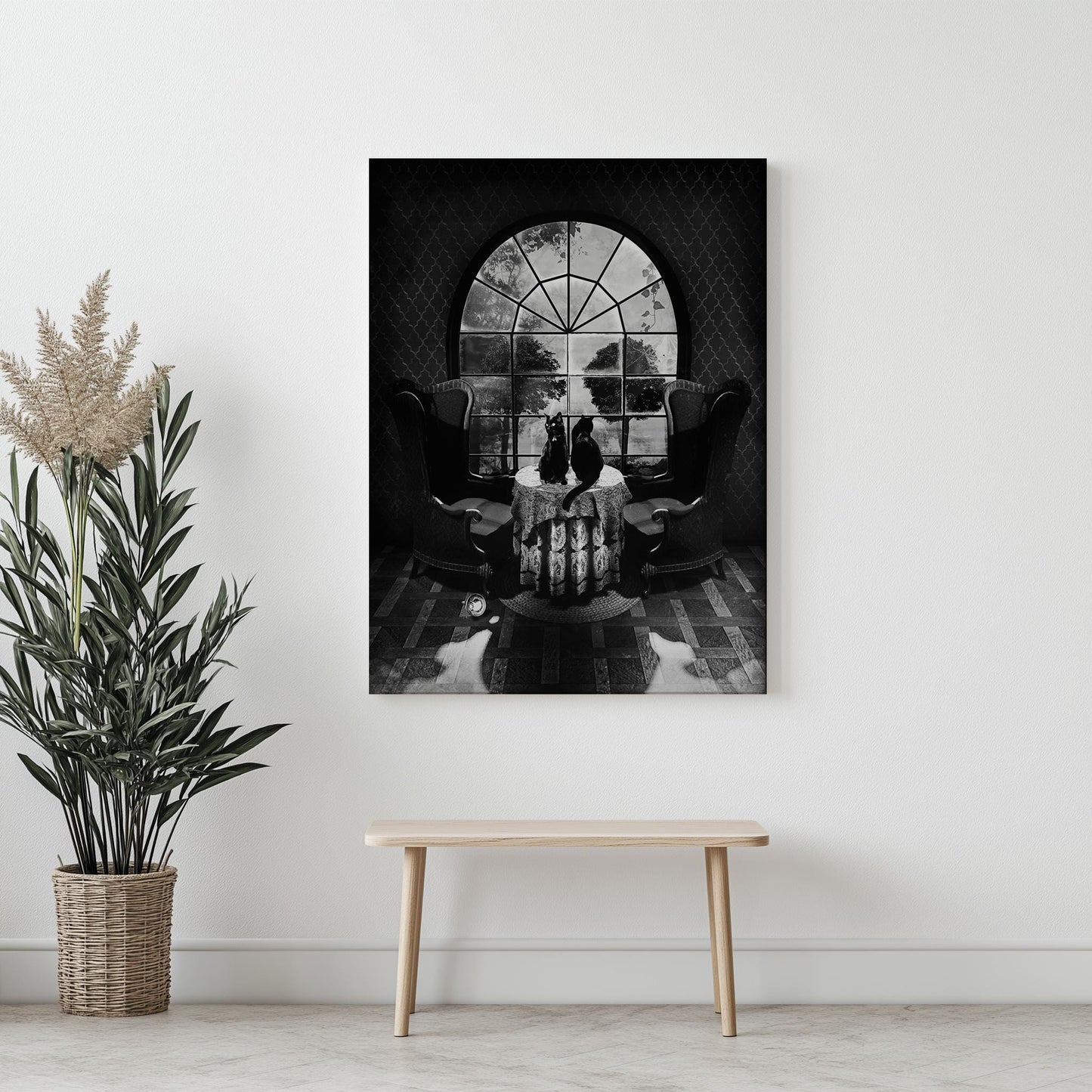 Gothic Room Skull Art with Cats | Canvas & Framed Options