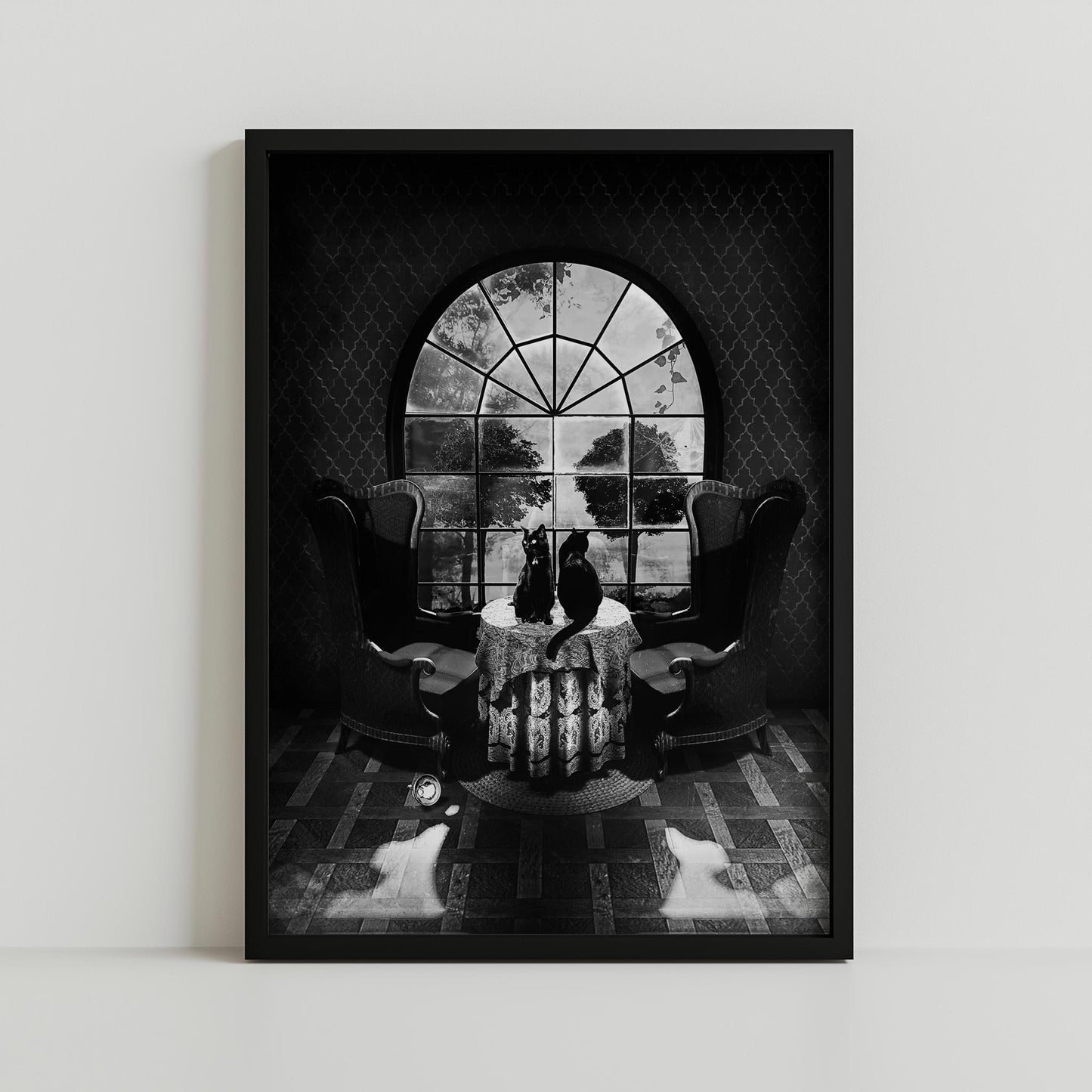 Gothic Room Skull Art with Cats | Canvas & Framed Options