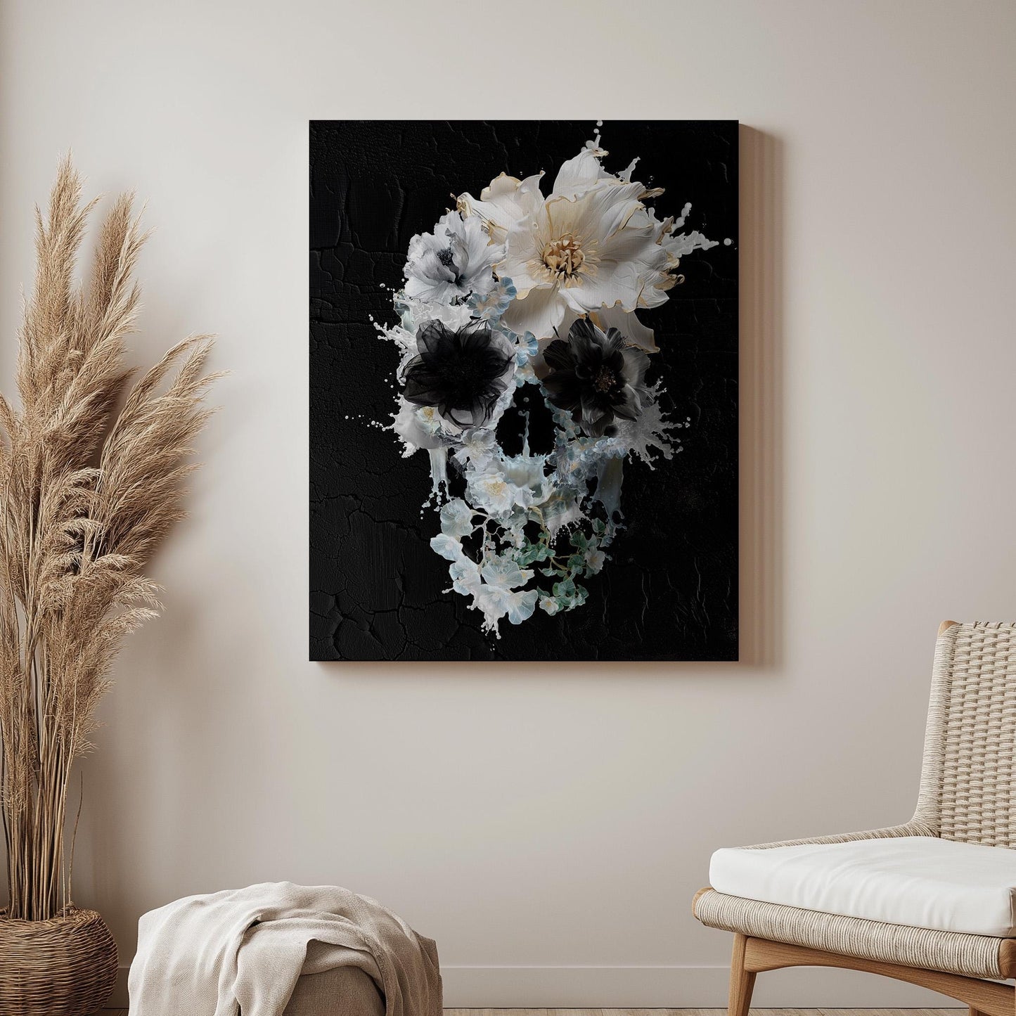 Boho Art Print, Flower Skull Home Decor, Gothic Art Gift | Canvas, Paper & Framed Options