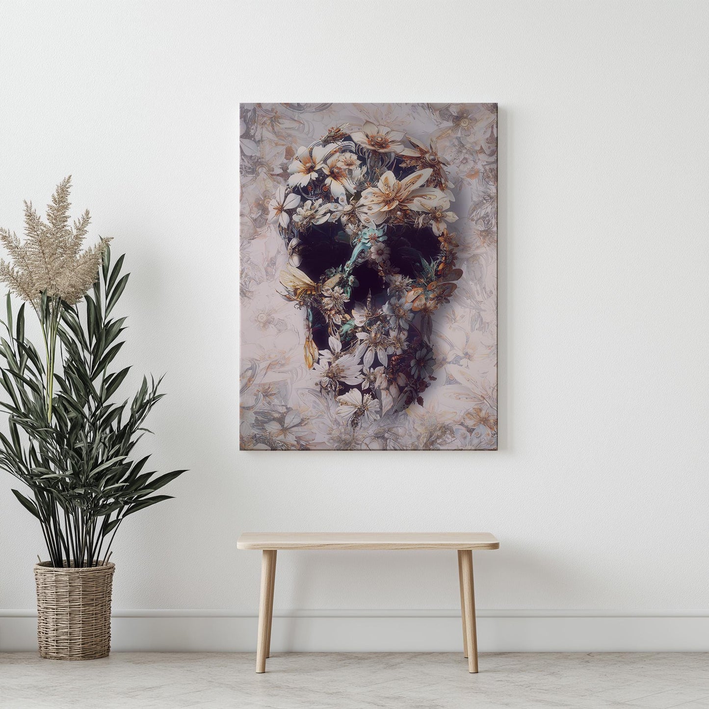 Floral Skull Art, Boho Art Decor Gift | Printed on Canvas & Paper