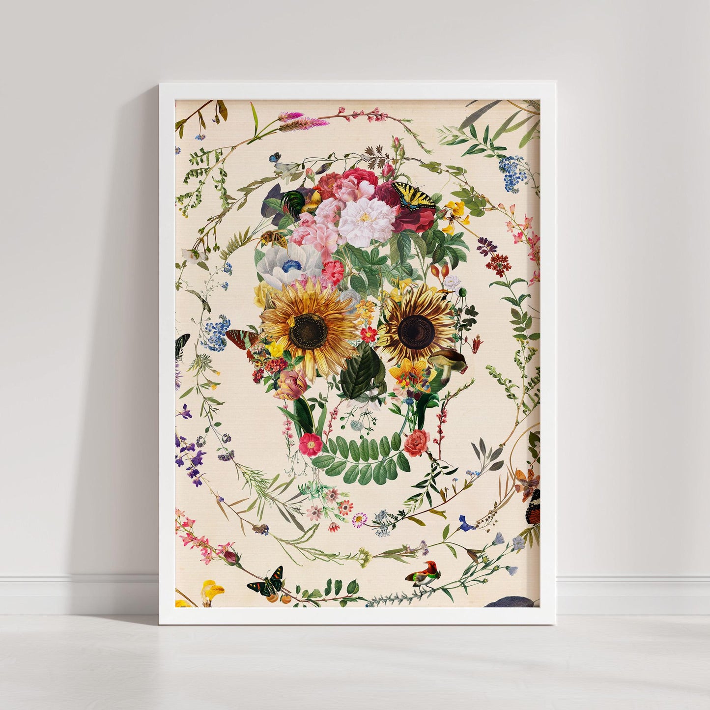 Floral Skull Art Poster, Sugar Skull Home Decor, Boho Skull Art Gift | Printed on Canvas & Paper