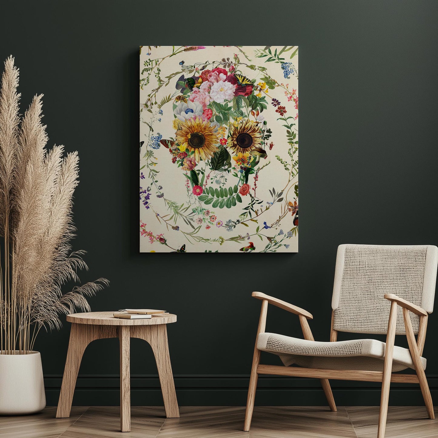 Floral Skull Art Poster, Sugar Skull Home Decor, Boho Skull Art Gift | Printed on Canvas & Paper