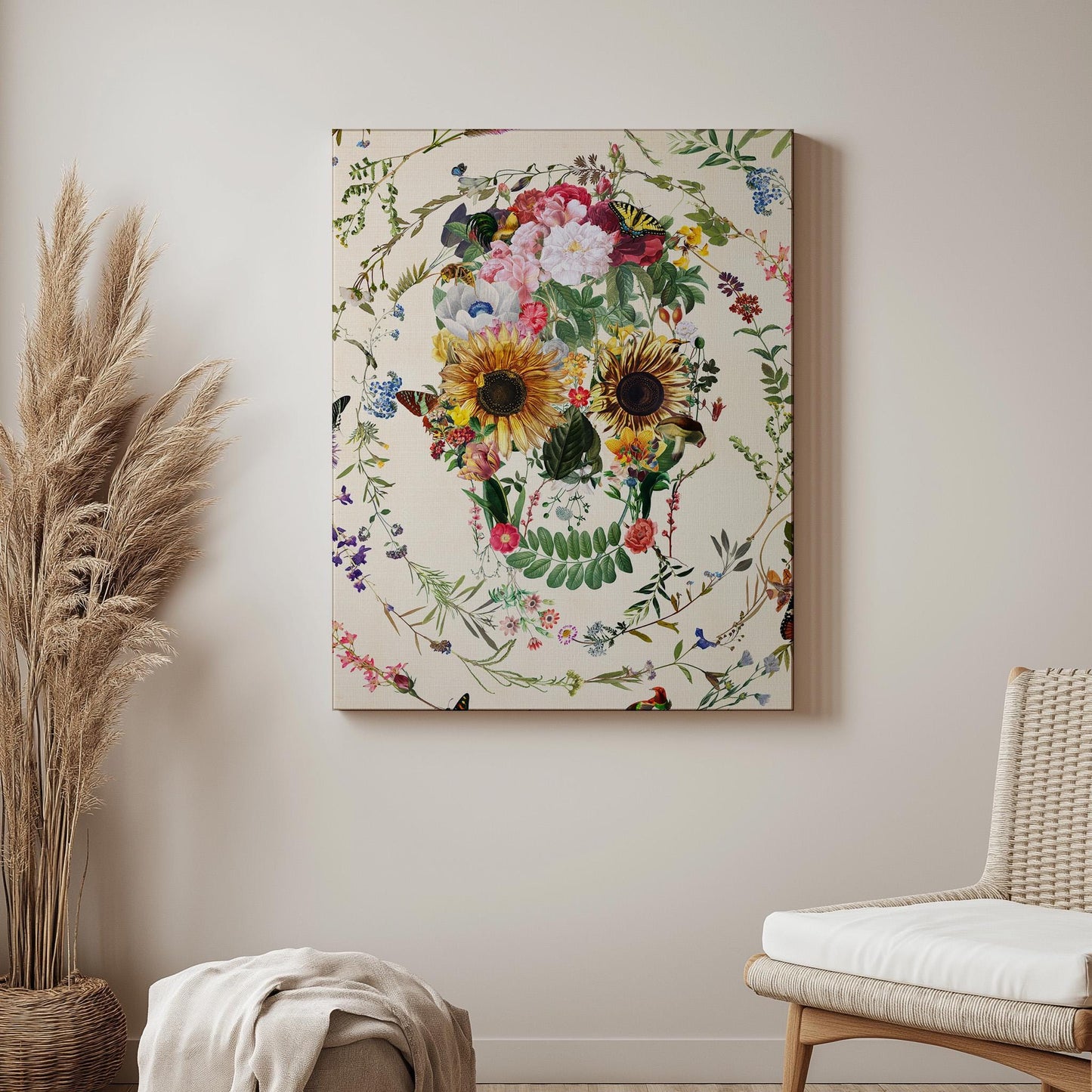 Floral Skull Art Poster, Sugar Skull Home Decor, Boho Skull Art Gift | Printed on Canvas & Paper