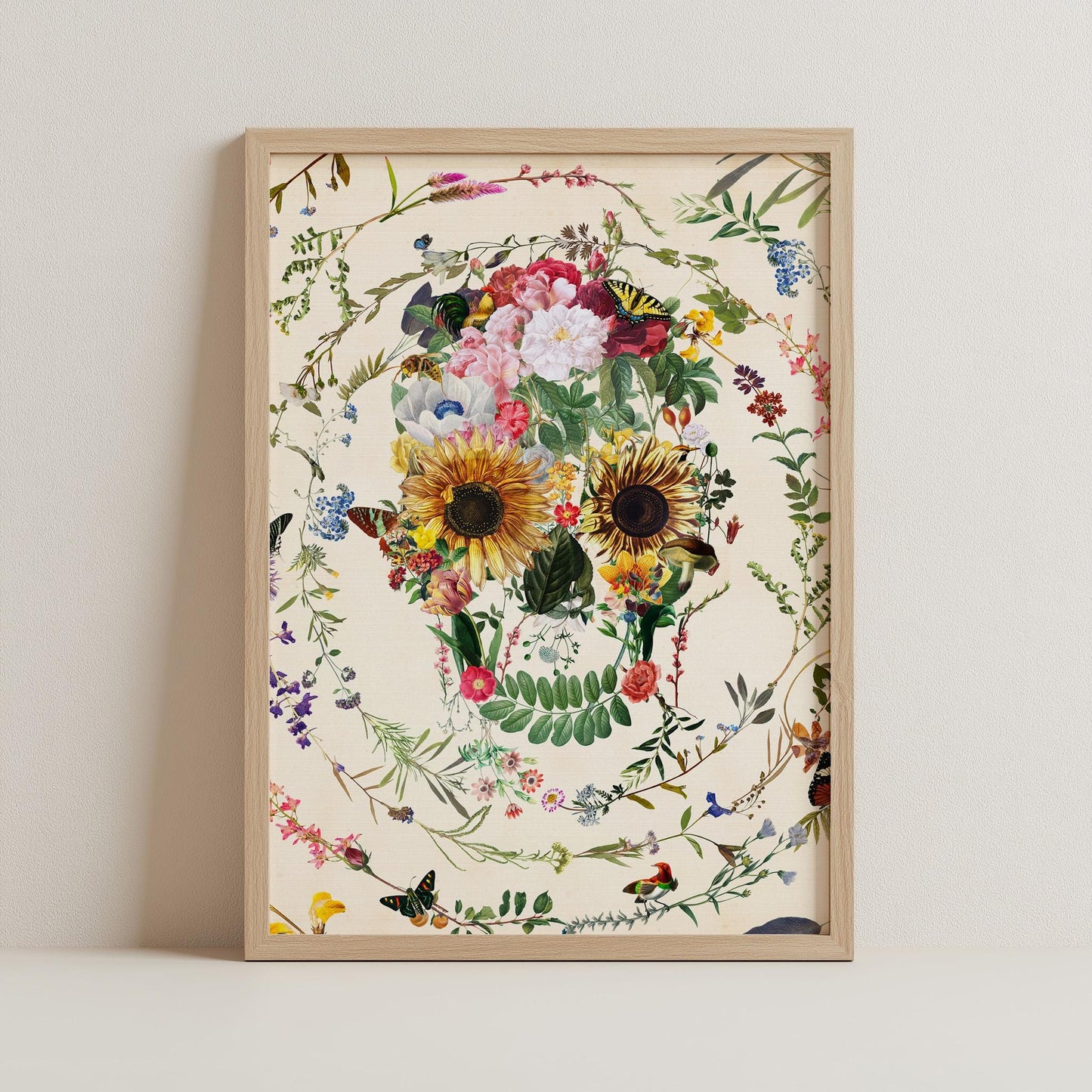 Floral Skull Art Poster, Sugar Skull Home Decor, Boho Skull Art Gift | Printed on Canvas & Paper