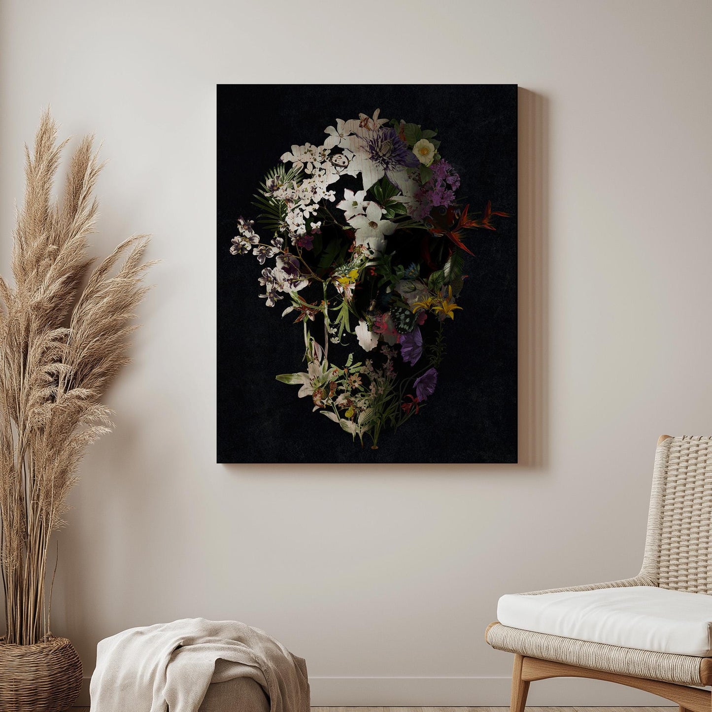 Dark Floral Skull Art, Boho Skull Decor Gift | Canvas, Paper & Framed Gift Options
