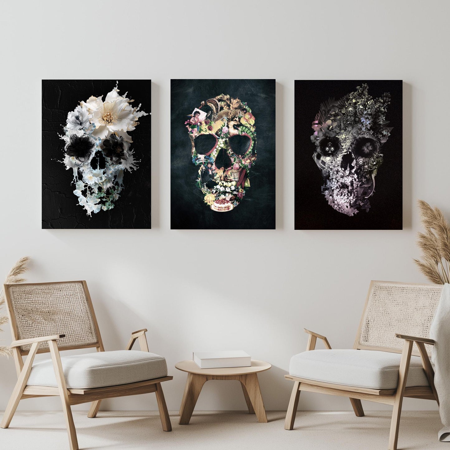 Boho Skull Set Of 3, Floral Art Poster Set | Canvas, Paper & Framed Gift Set Options