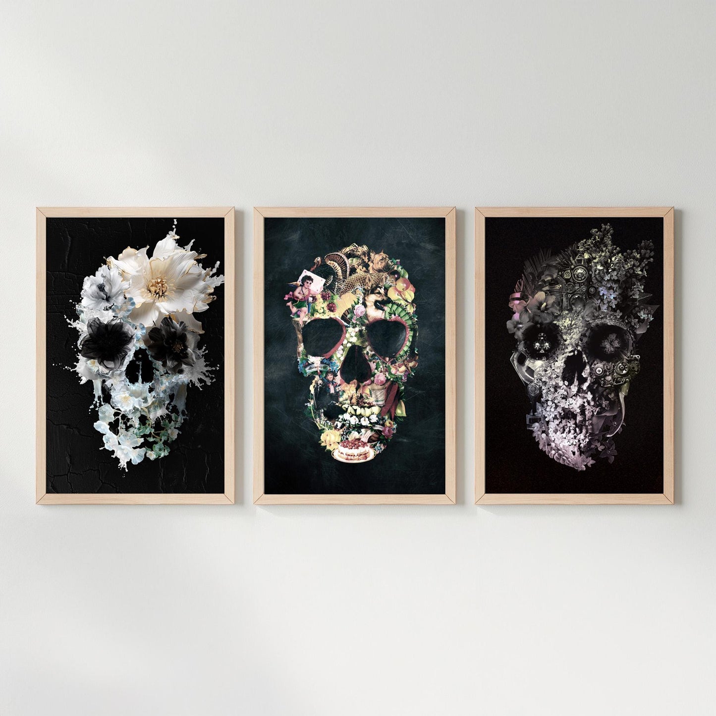 Boho Skull Set Of 3, Floral Art Poster Set | Canvas, Paper & Framed Gift Set Options