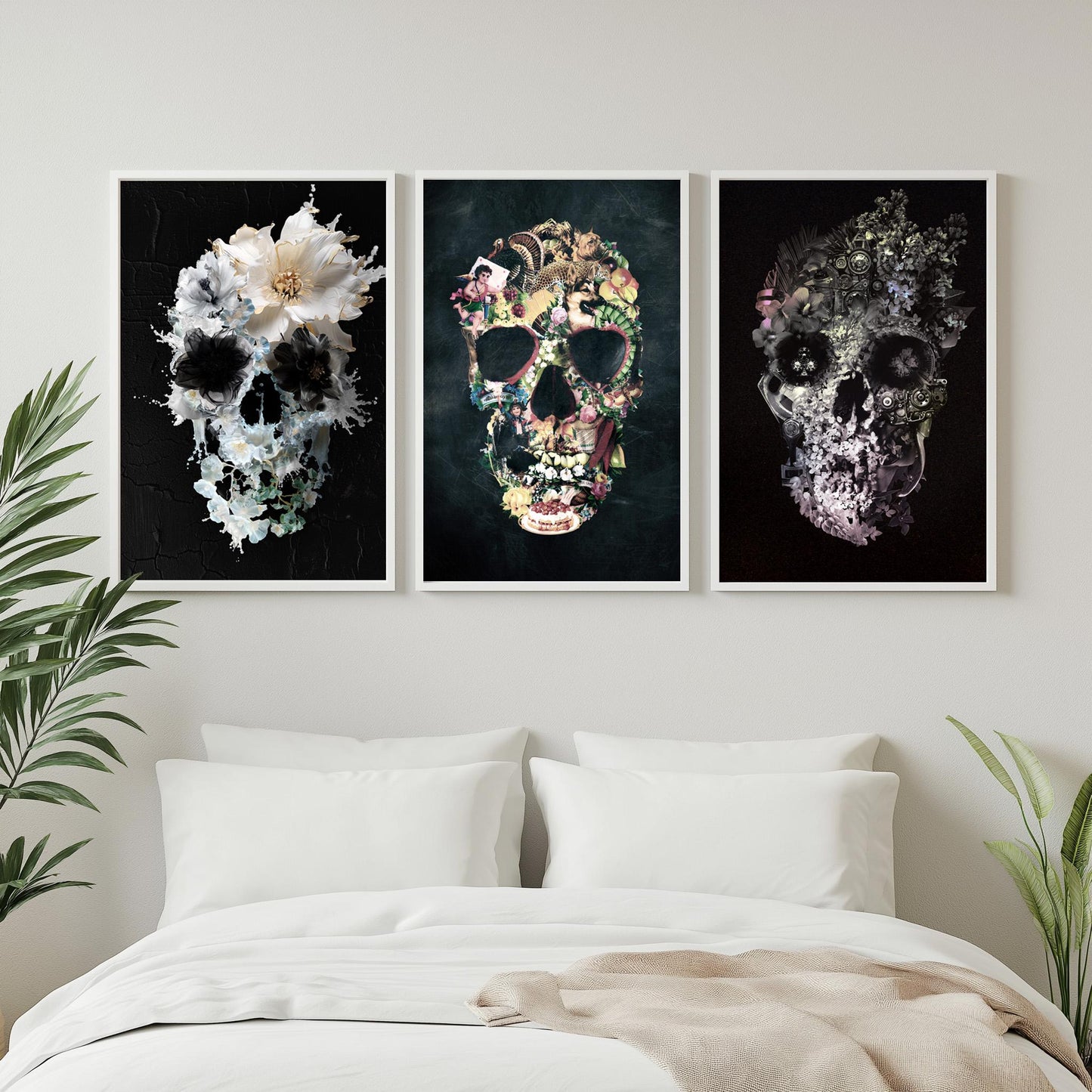 Boho Skull Set Of 3, Floral Art Poster Set | Canvas, Paper & Framed Gift Set Options