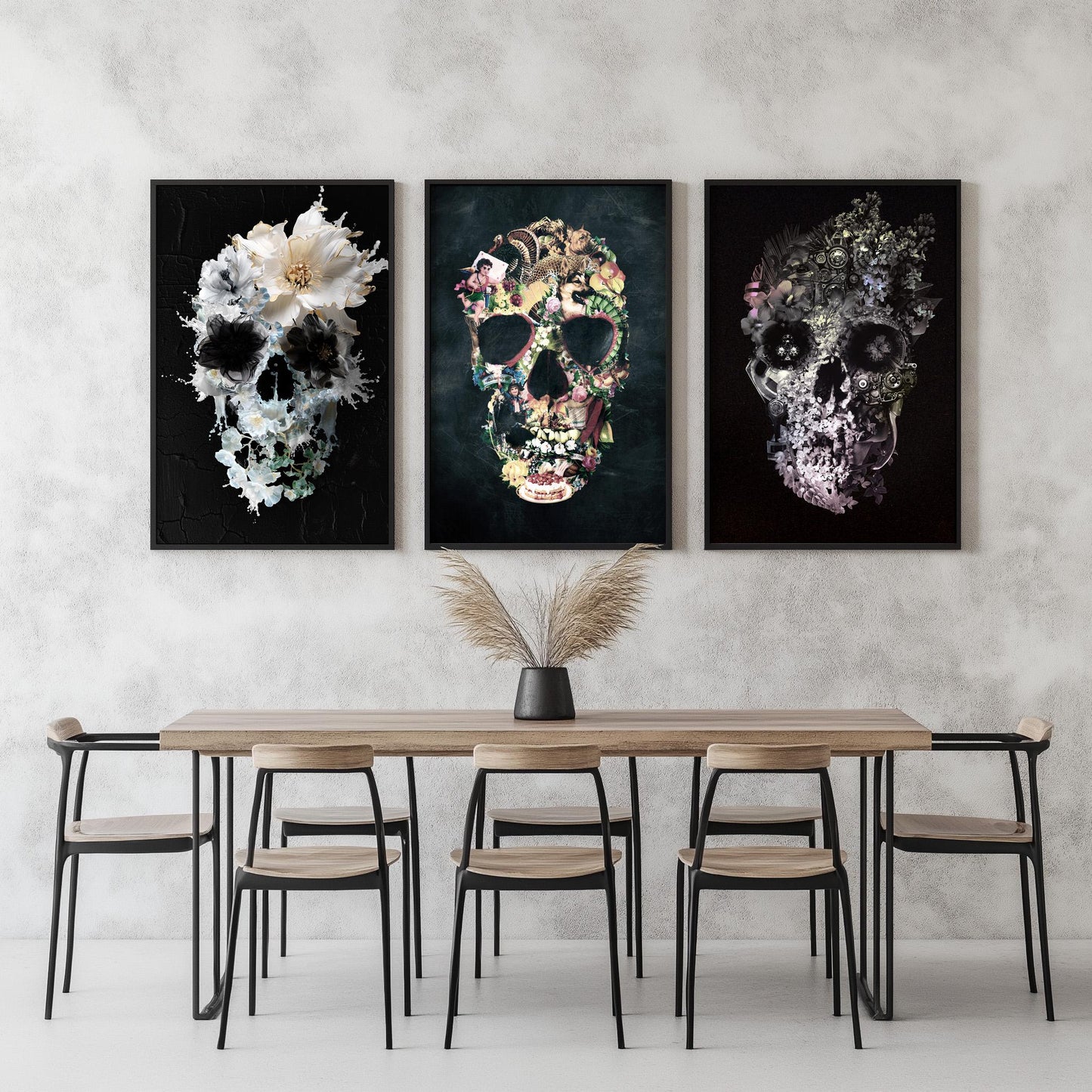 Boho Skull Set Of 3, Floral Art Poster Set | Canvas, Paper & Framed Gift Set Options