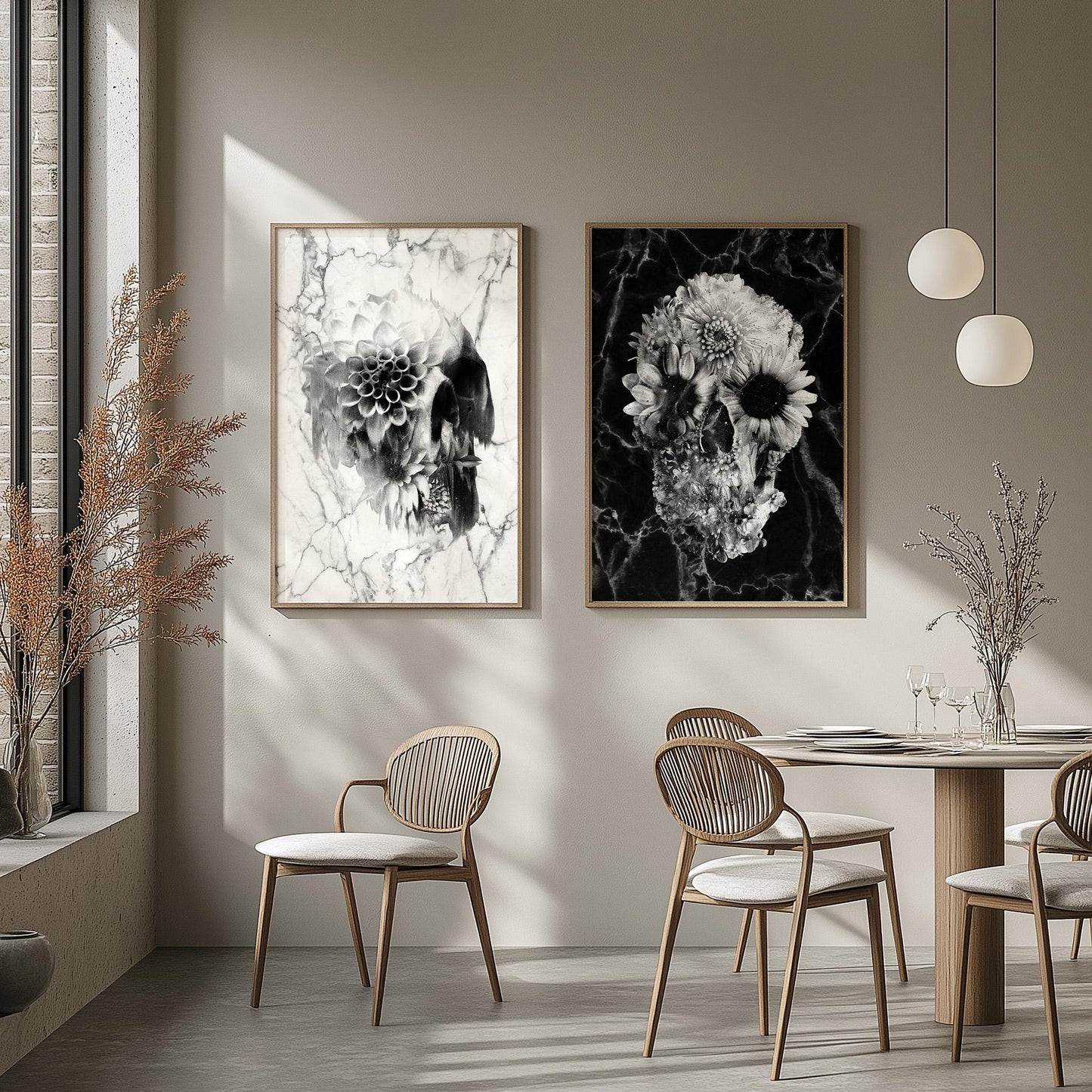 Floral Skull Art Prints Set - Black & White Canvas, Framed, and Poster Options