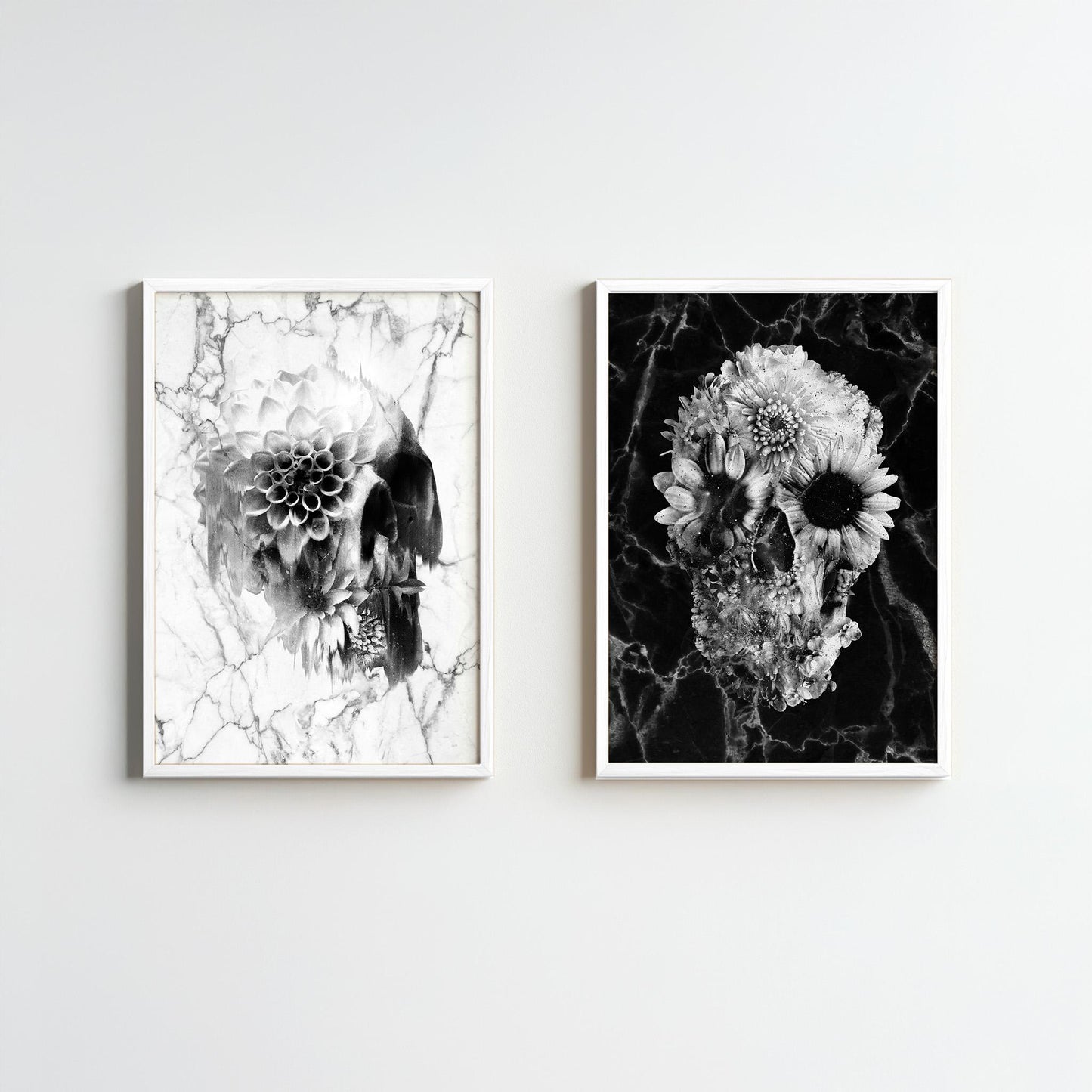 Floral Skull Art Prints Set - Black & White Canvas, Framed, and Poster Options