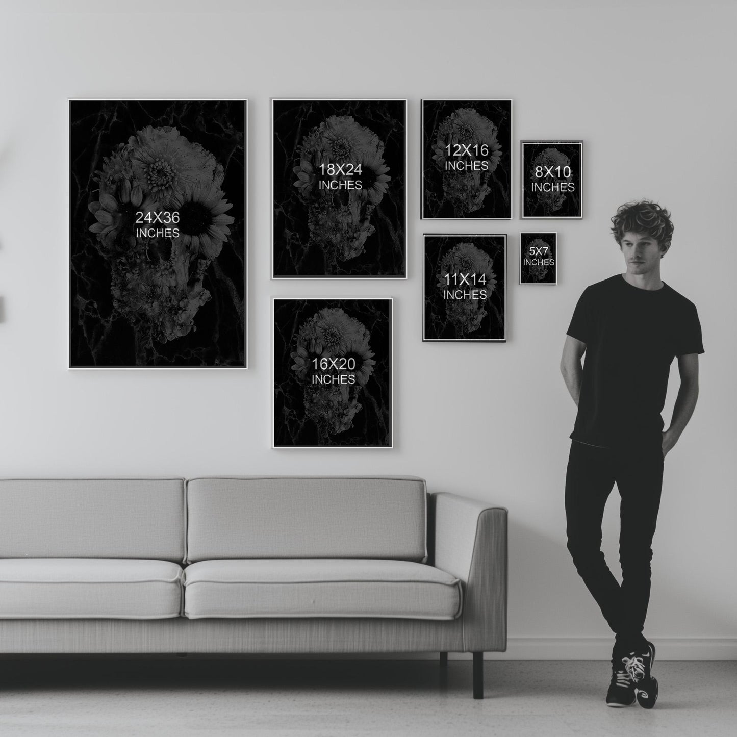 Floral Skull Art Prints Set - Black & White Canvas, Framed, and Poster Options