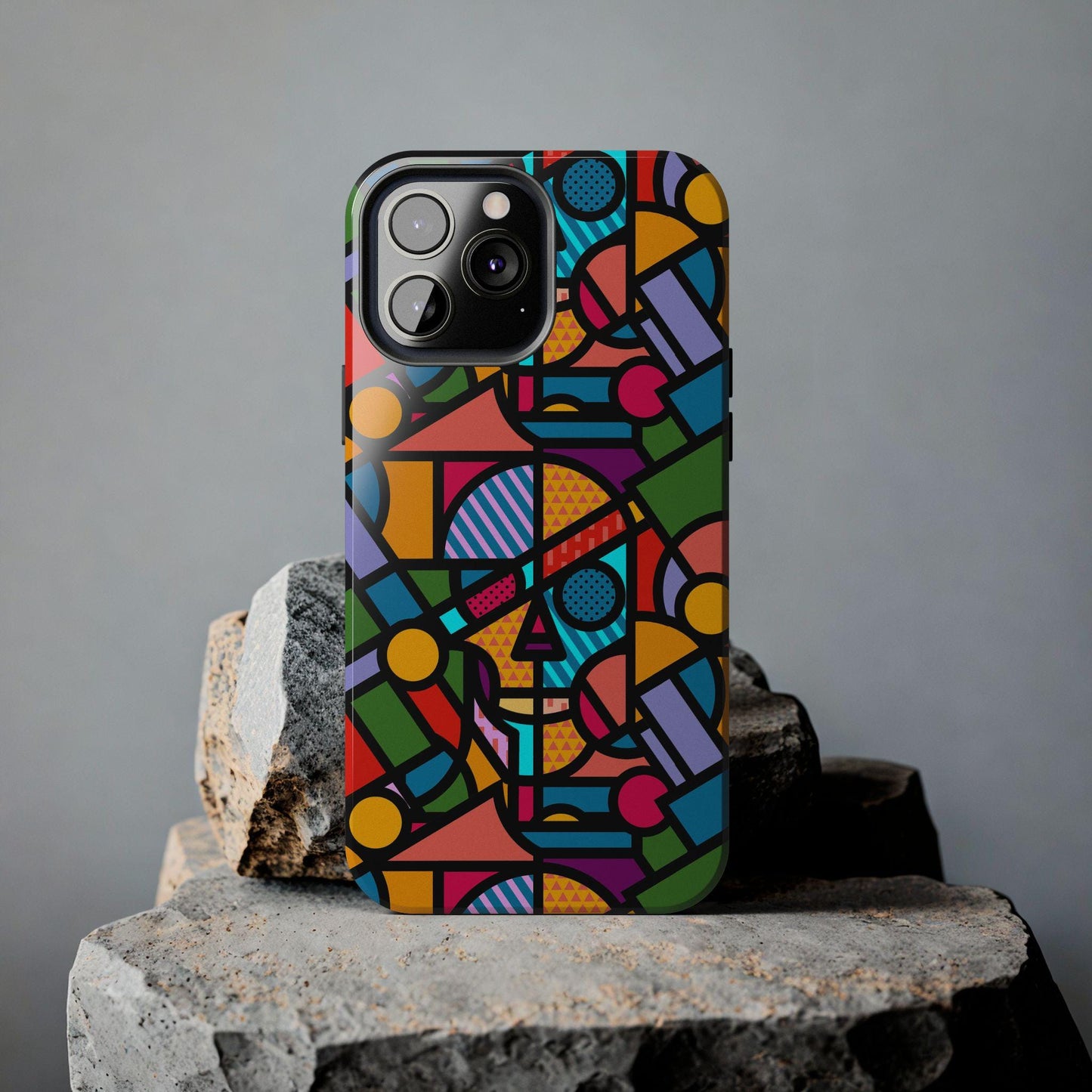 Geometric Skull Tough Phone Case, Colorful Pop Art Pattern, Protective Phone Cover, Unique Phone Accessory, Trendy Phone Case, Cool Phone