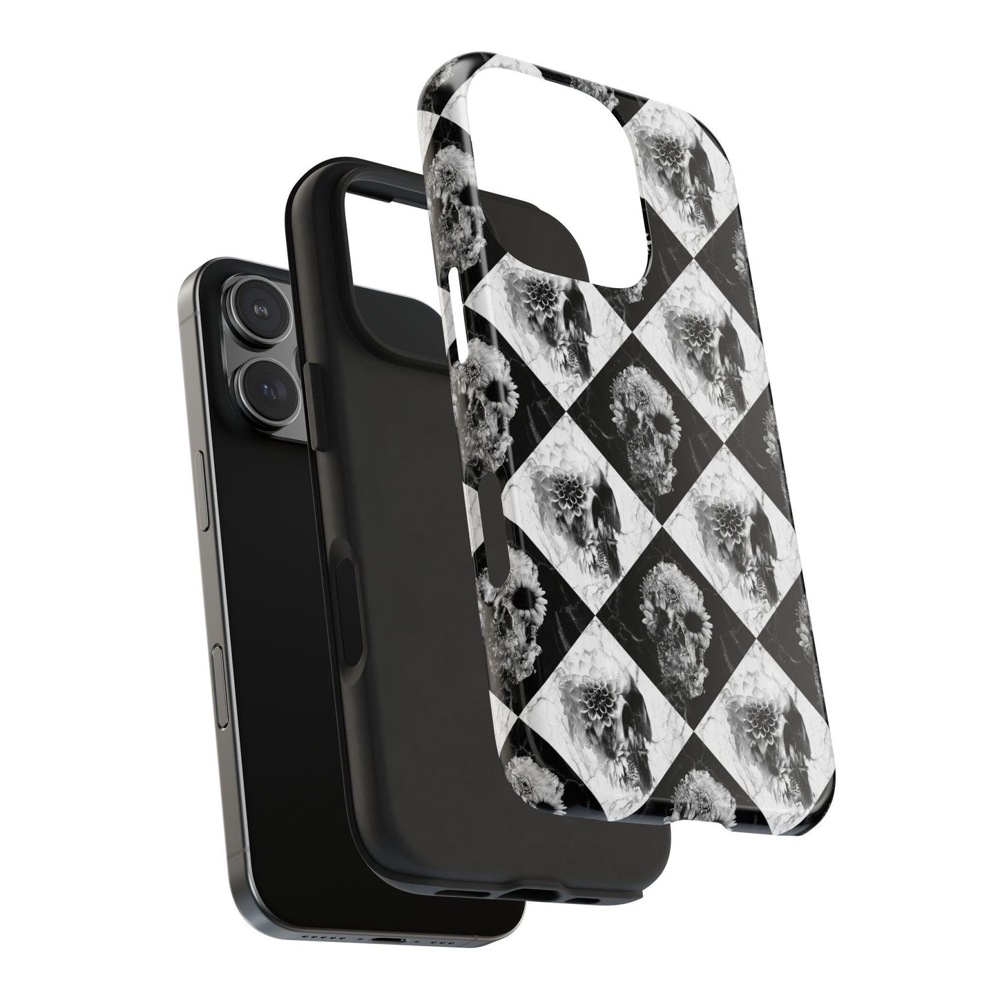 Checker Floral Skull Tough Phone Case, Black White Checkerboard Design, Protective Cellphone Cover, Gothic Skull Pattern, Hard Shell Phone