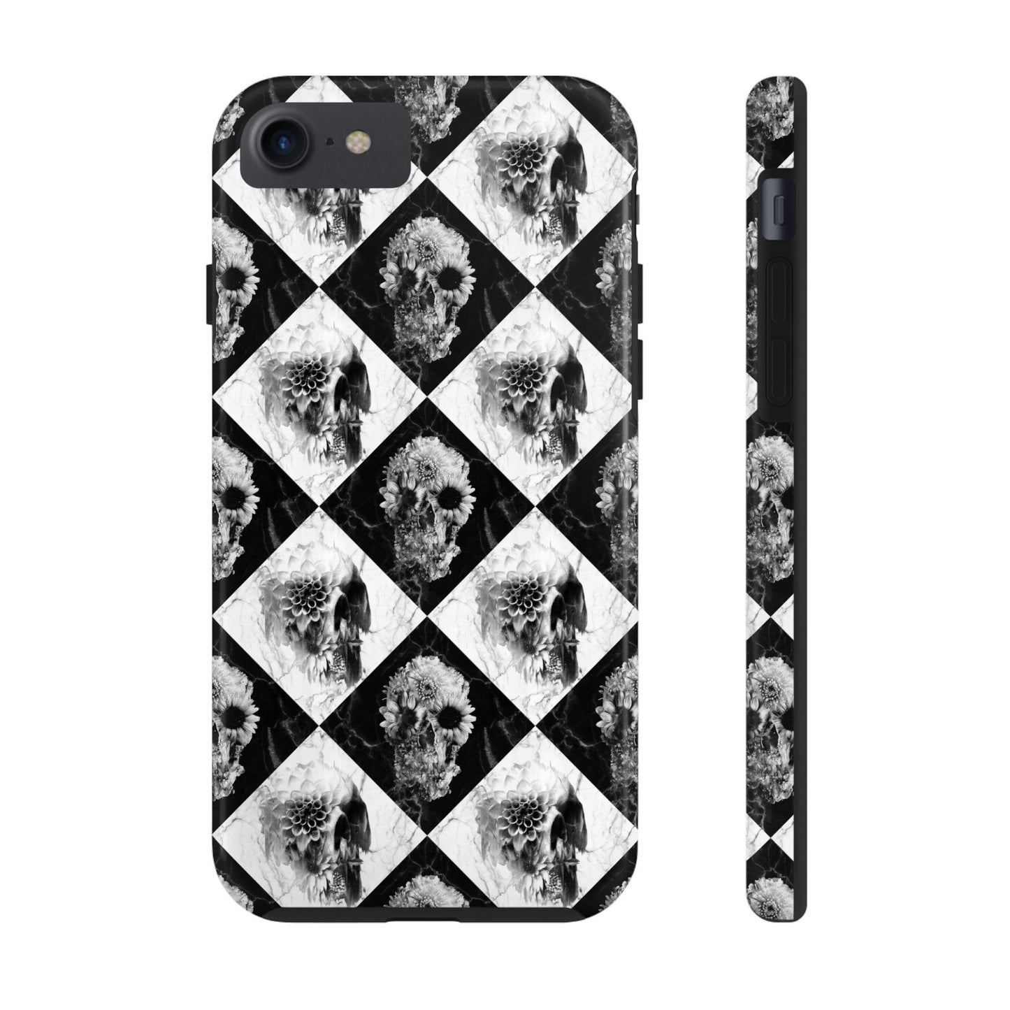 Checker Floral Skull Tough Phone Case, Black White Checkerboard Design, Protective Cellphone Cover, Gothic Skull Pattern, Hard Shell Phone