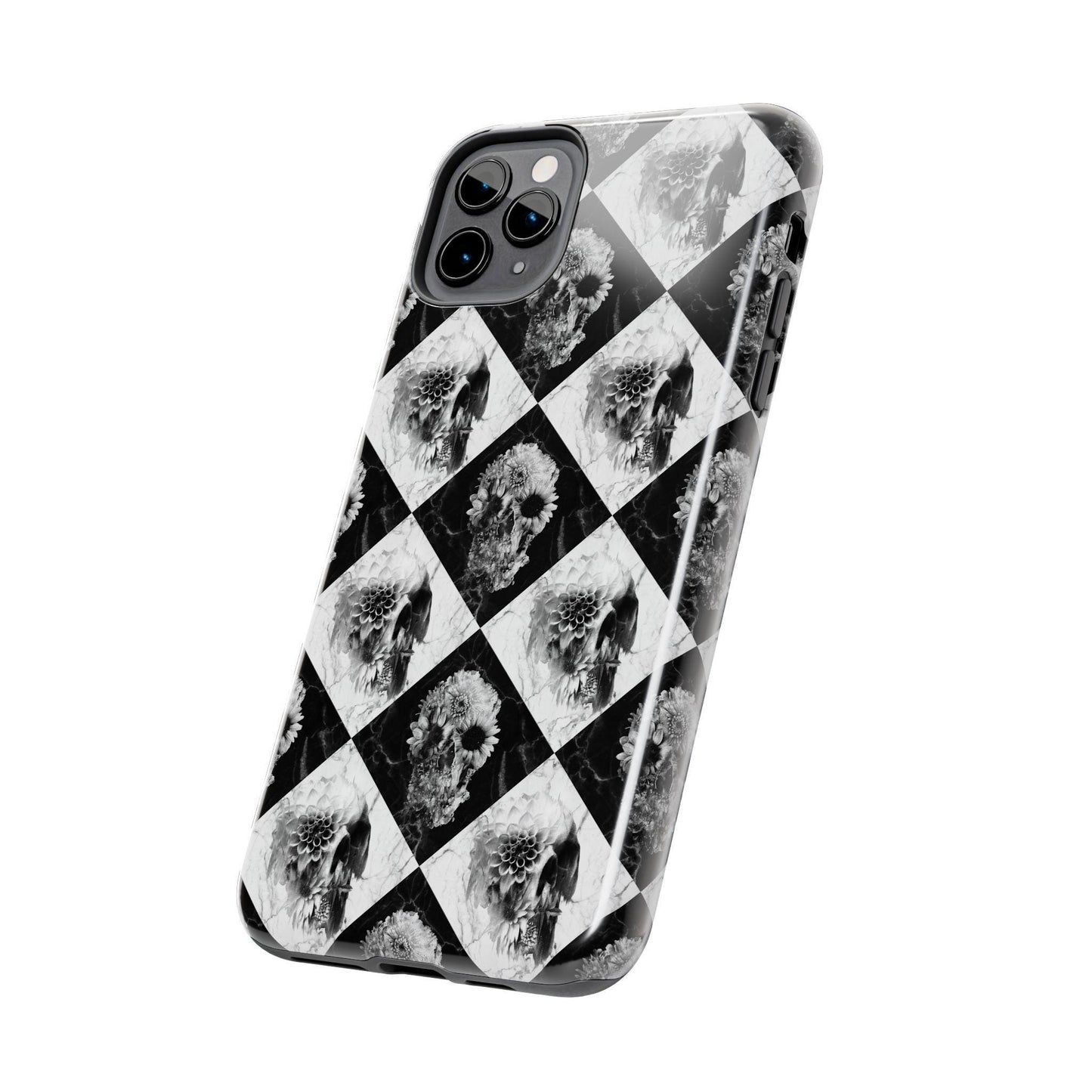 Checker Floral Skull Tough Phone Case, Black White Checkerboard Design, Protective Cellphone Cover, Gothic Skull Pattern, Hard Shell Phone