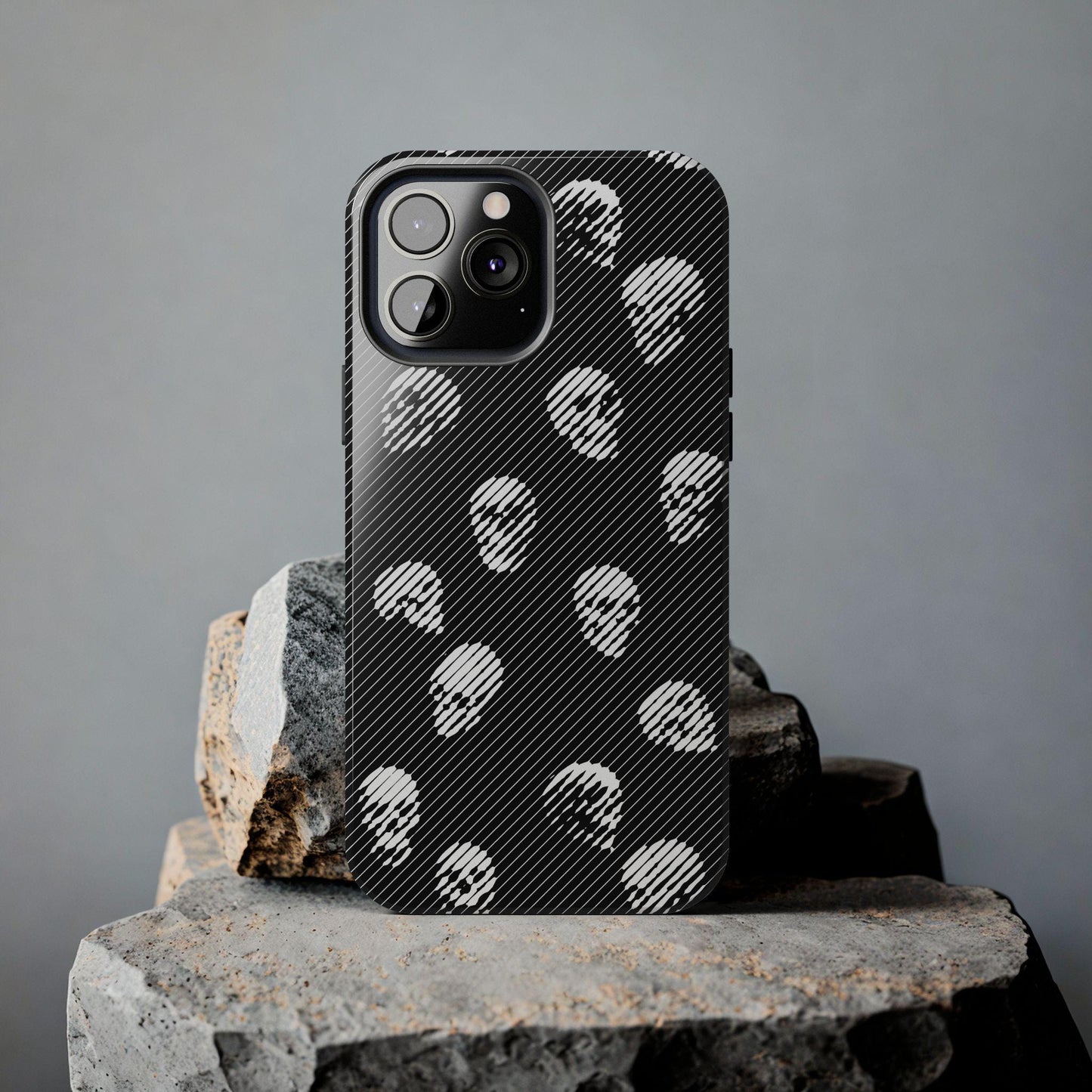 Skull Graphic Tough Phone Cases - Black and White All Over Pattern, Protective Hard Cover, Cool Goth Smartphone Accessories, Gothic Skeleton