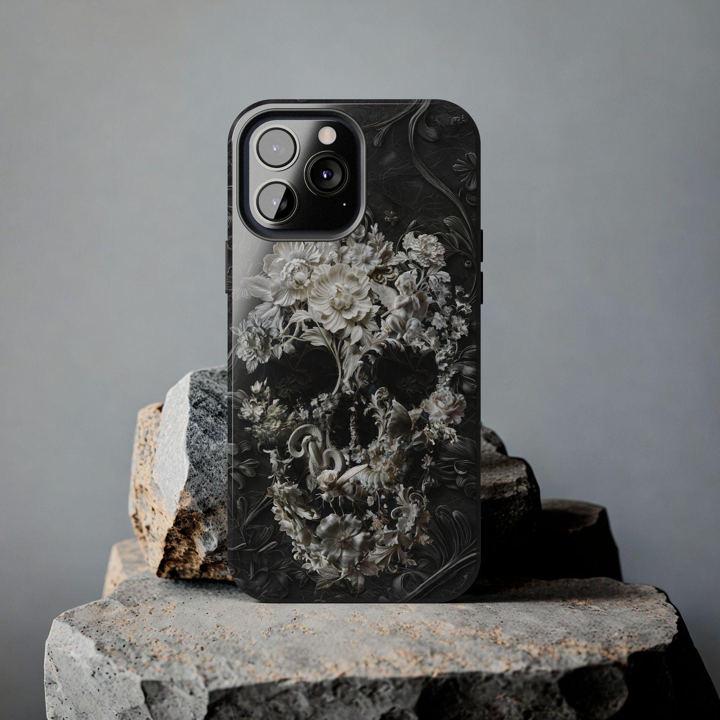 Marble Skull Art Tough Phone Cases, Boho Flower Skull Case, Bohemian Mood, Protective Smartphone Cover