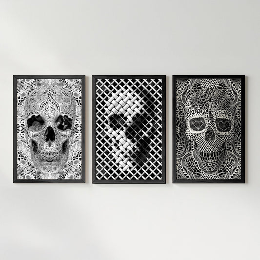 3 Piece Skull Poster, Black And White Art Set | Canvas, Paper & Framed Gift Set Options