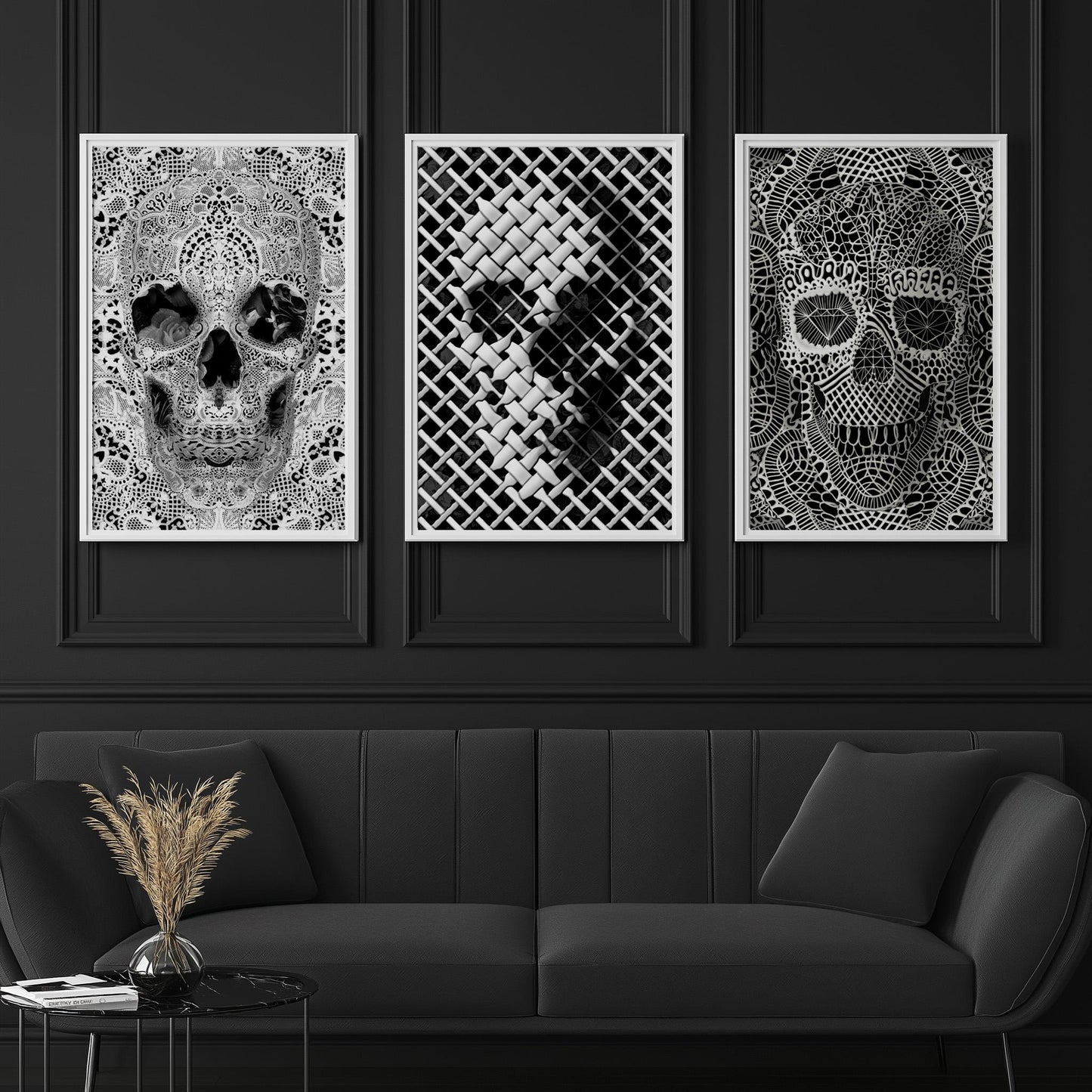 3 Piece Skull Poster, Black And White Art Set | Canvas, Paper & Framed Gift Set Options