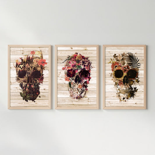 Boho Art Print Set, Floral Skull Art | Canvas, Paper & Framed Gift Set Options