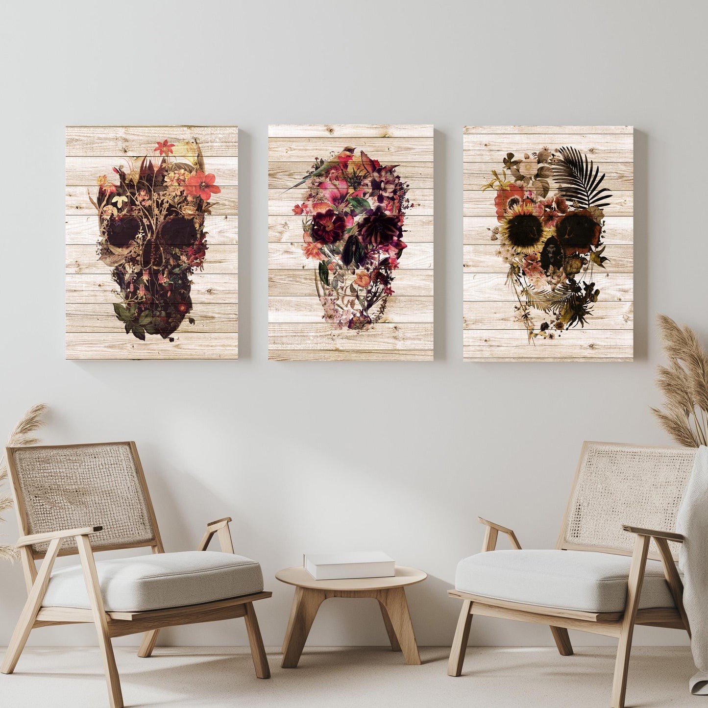 Boho Art Print Set, Floral Skull Art | Canvas, Paper & Framed Gift Set Options