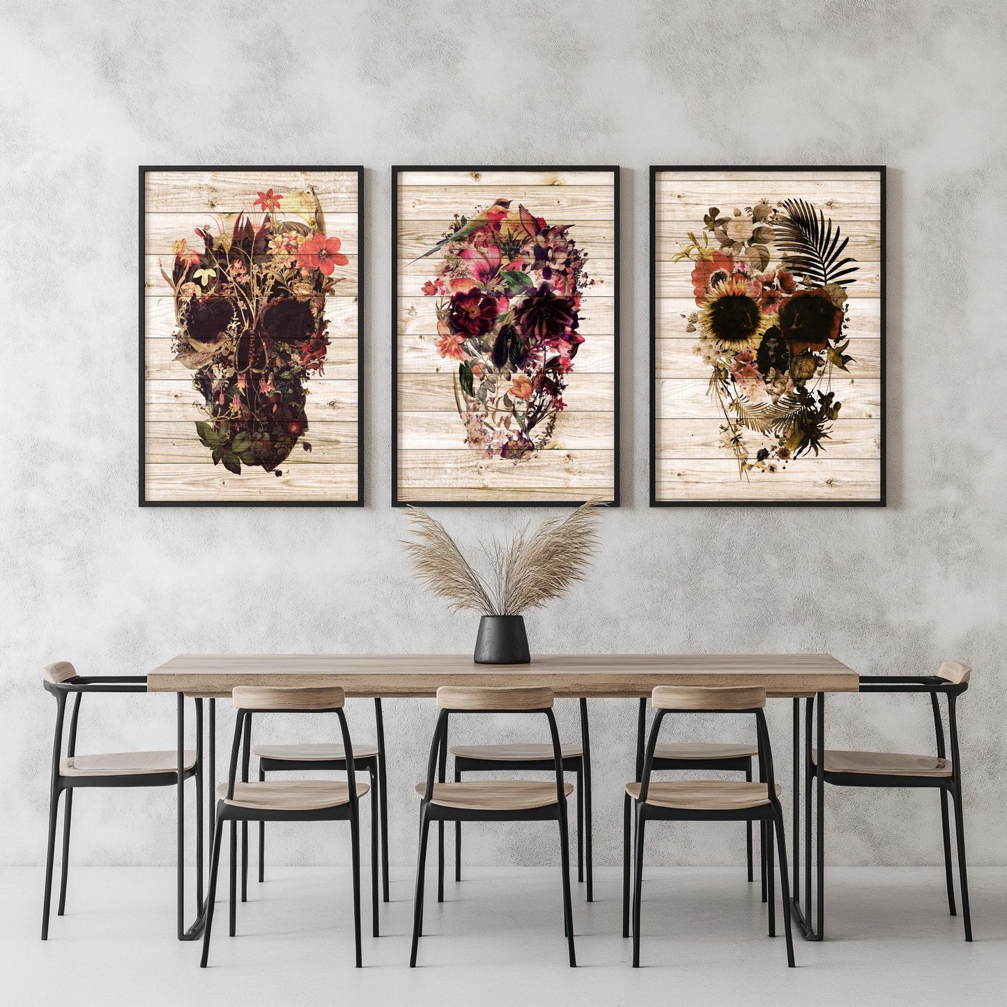 Boho Art Print Set, Floral Skull Art | Canvas, Paper & Framed Gift Set Options