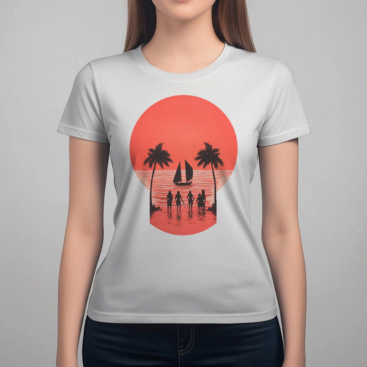 Skull Illusion T-Shirt, Surfer Girl Graphic Tee, Beach Sunset Women's Top, Summer Beachwear Shirt, Casual Cotton Blouse, Surfing Fans Gift