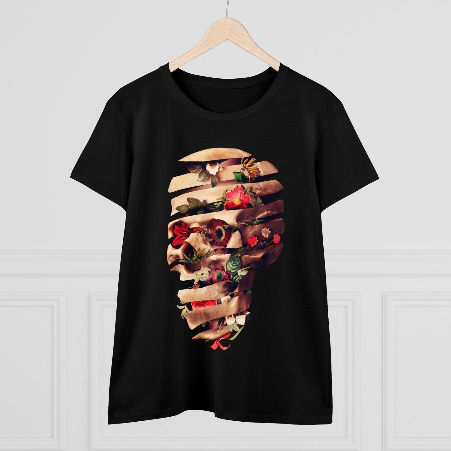 Floral Skull Womens Tee, Cool Graphic T-Shirt, Unique Gift For Her, Boho Chic Style Clothing, Halloween Fashion